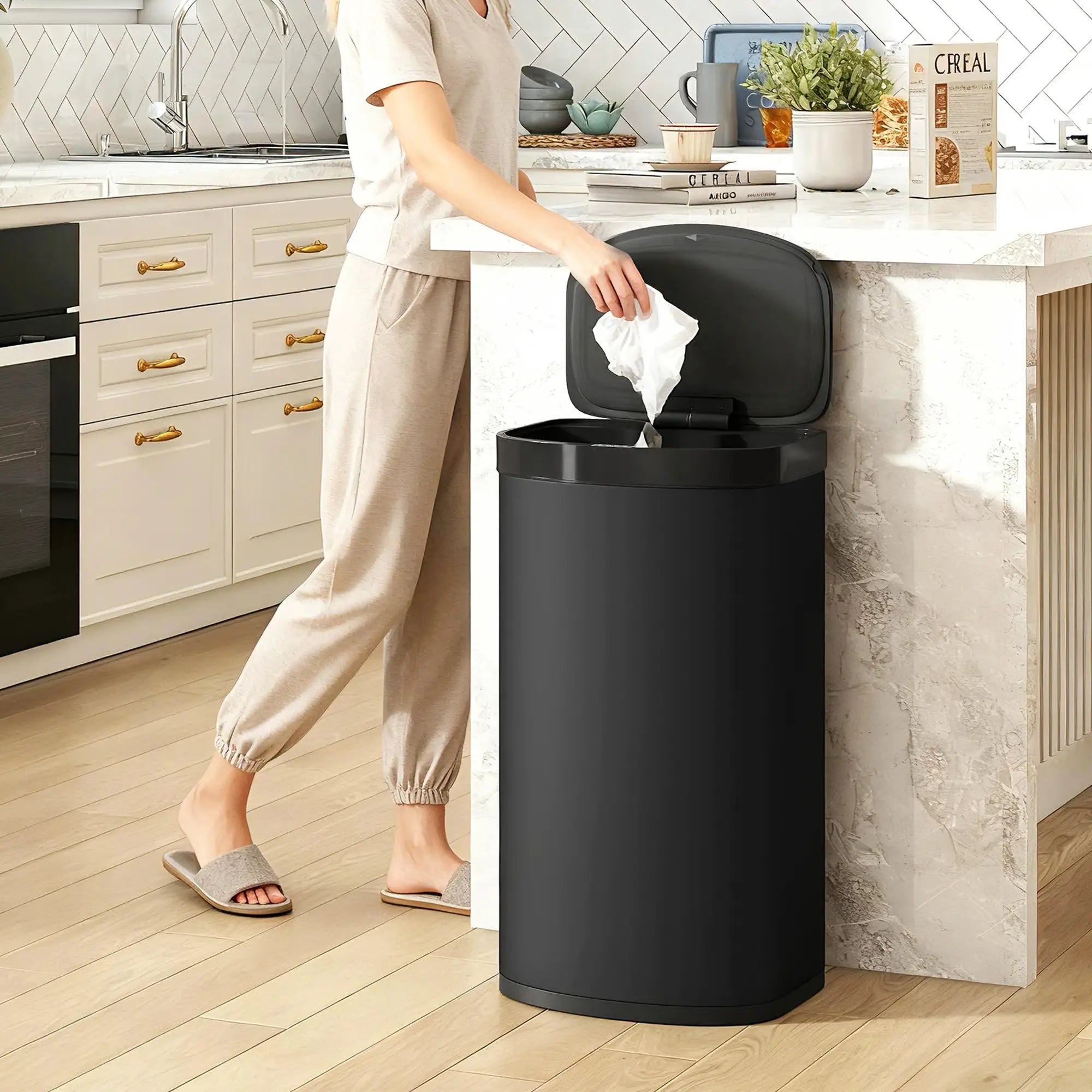 55L Automatic Sensor Bin – Touchless Kitchen Waste Bin with Soft-Close Lid, Stainless Steel, Fingerprint-Resistant, Black