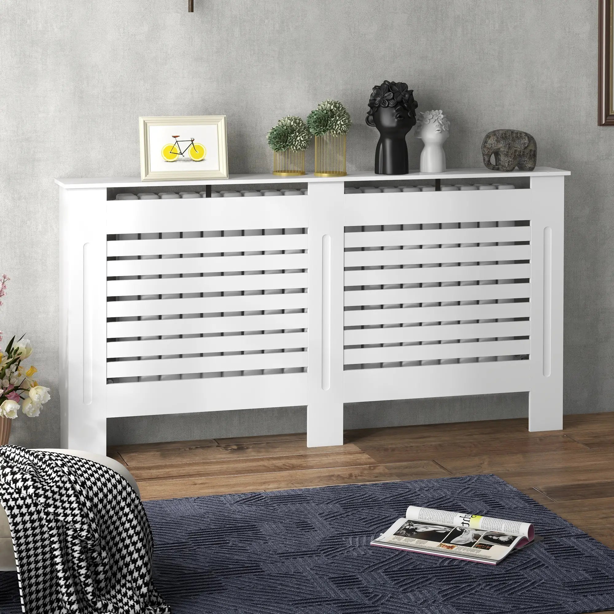 Radiator Cover Cabinet with Top Shelf – Modern MDF White Painted Heater Cover with Horizontal Slats, 152 x 19 x 81 cm