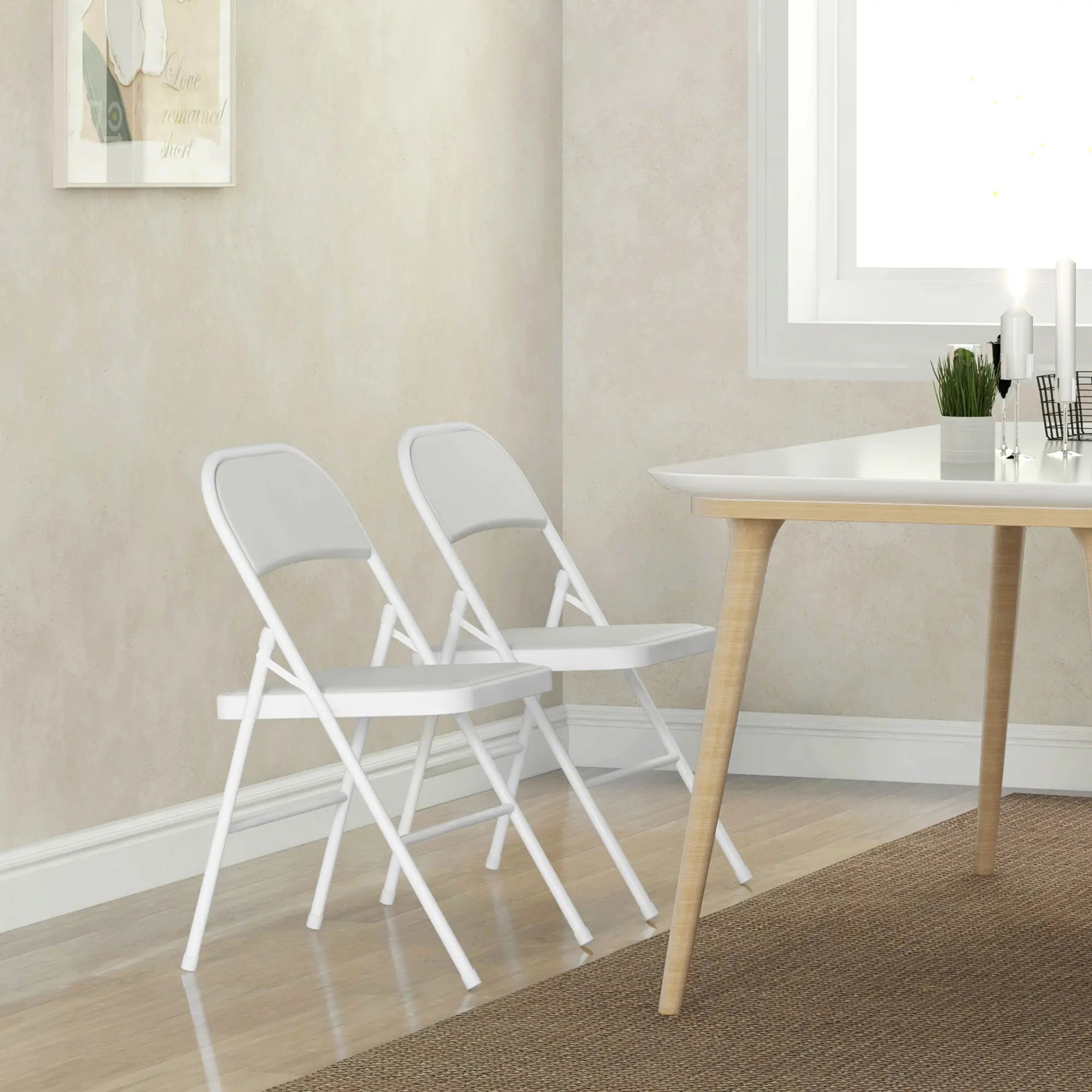 Set of 2 Cushioned Folding Chairs – White Foldable Steel Frame Chairs with Padded Seat & Back