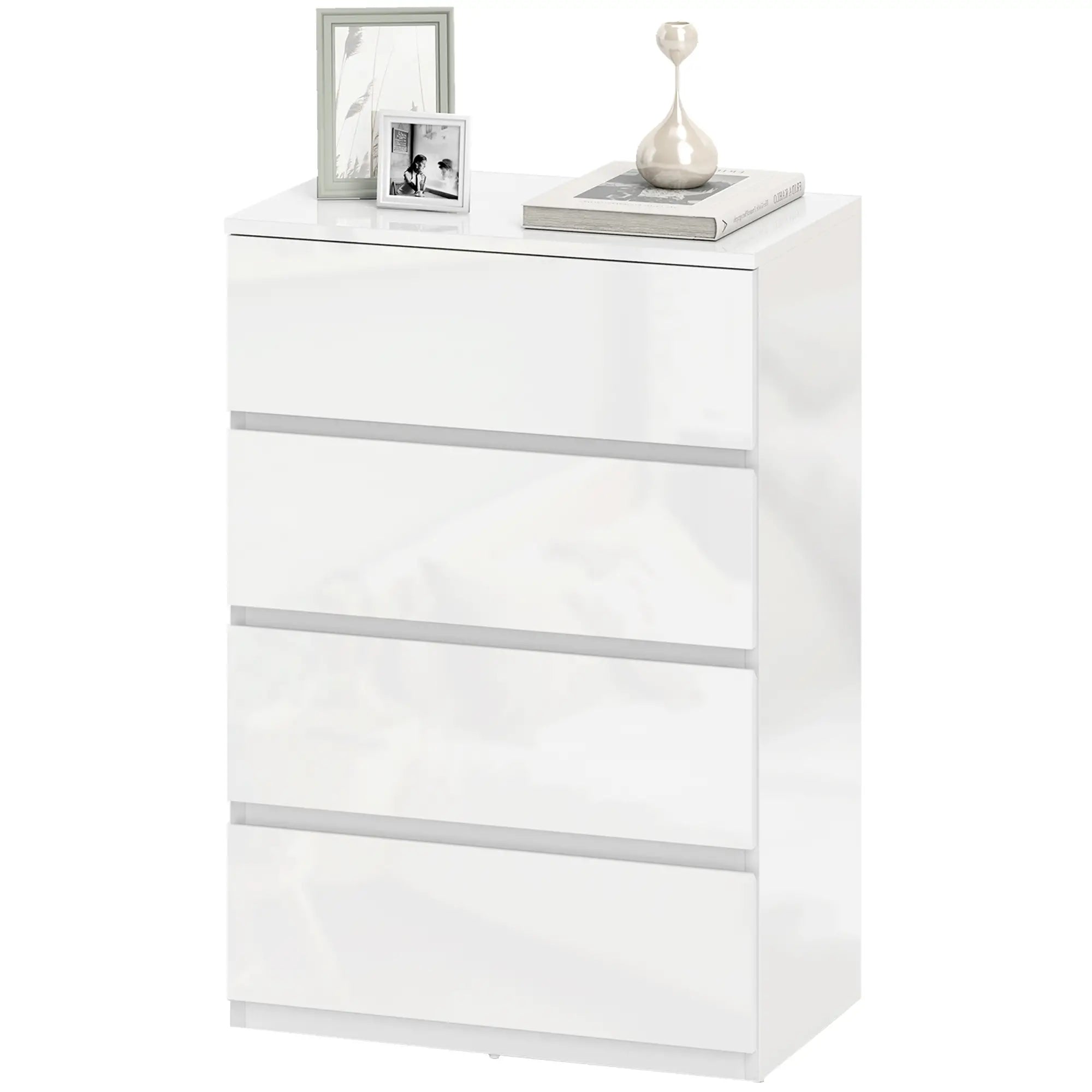 High Gloss Chest of Drawers – 4 Drawer Modern Storage Dresser for Bedroom & Living Room, White, 80 cm