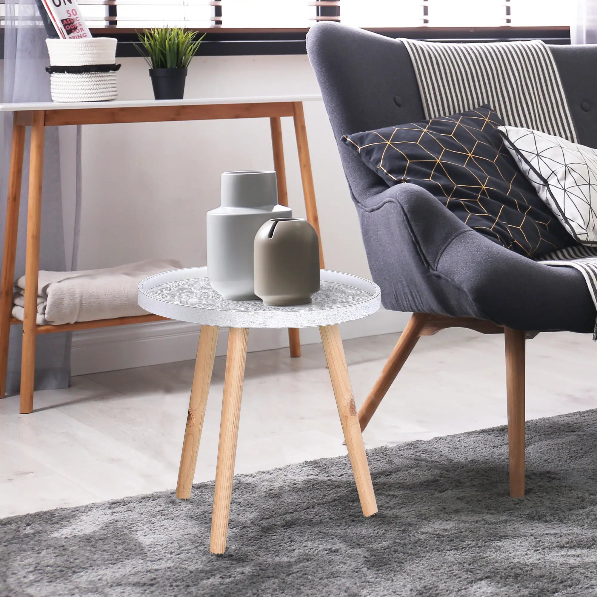 White Round Coffee Table with Carved Floral Top – Decorative Tray-Style Side Table with Wooden Legs for Living Room