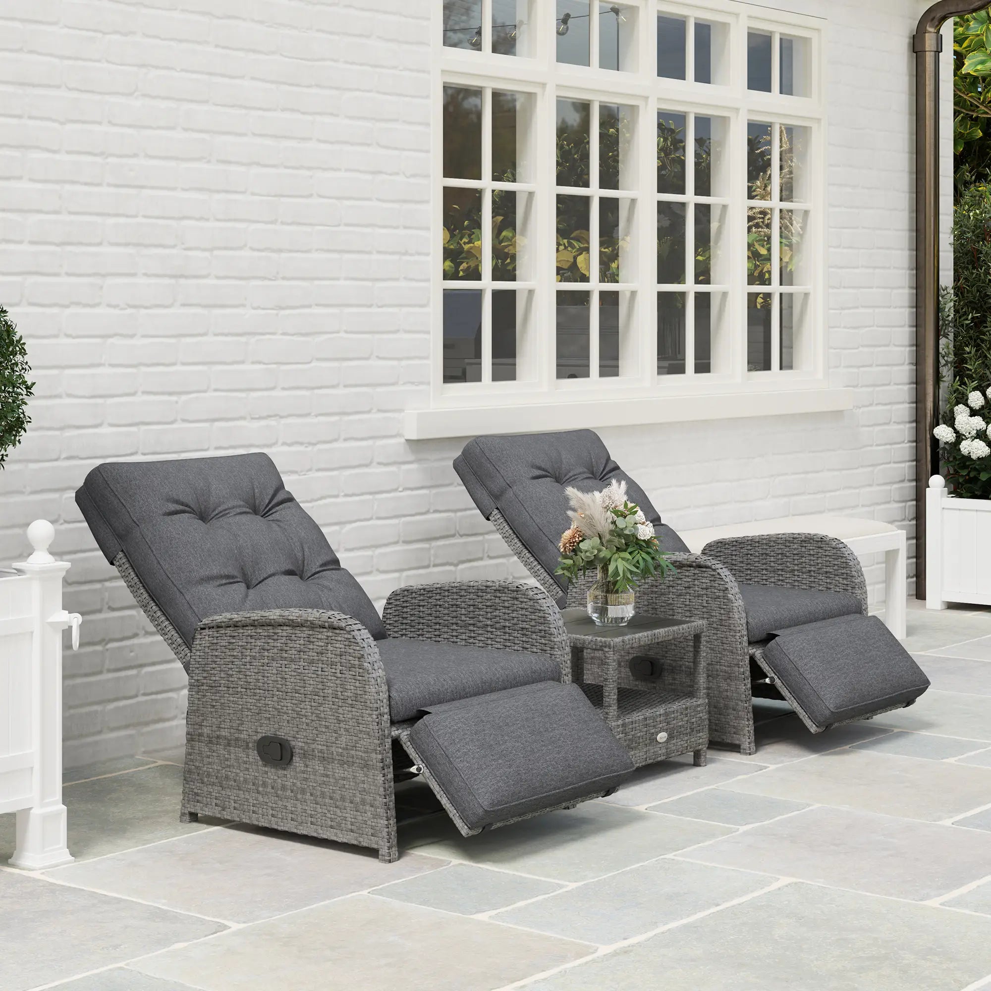 2 Seater Rattan Recliner Sofa Set with Cushions & Table, No Assembly Outdoor Wicker Lounge Chairs with Footrests, Adjustable Backrest – Grey