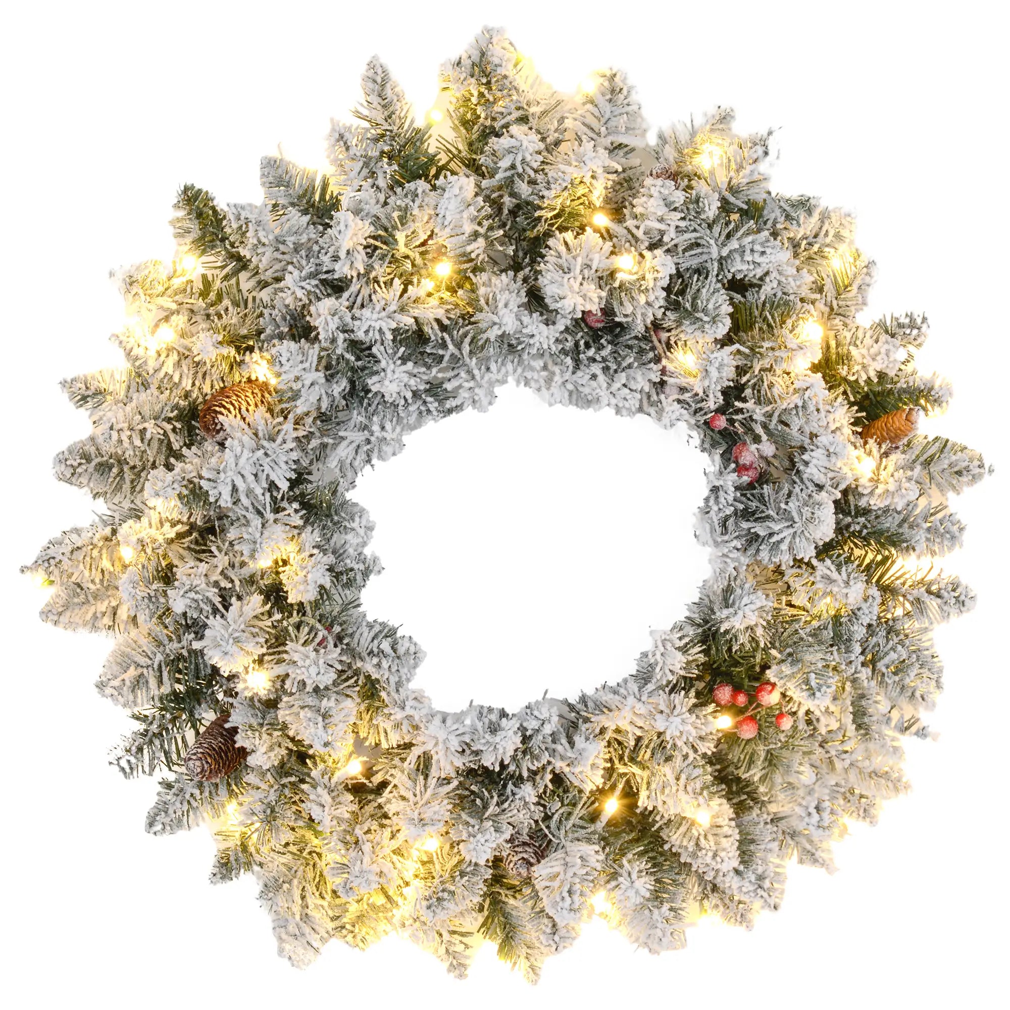 60cm Snowy Pine Cone & Berry Christmas Wreath with 50 LED Lights – Frosted Winter Door Wreath