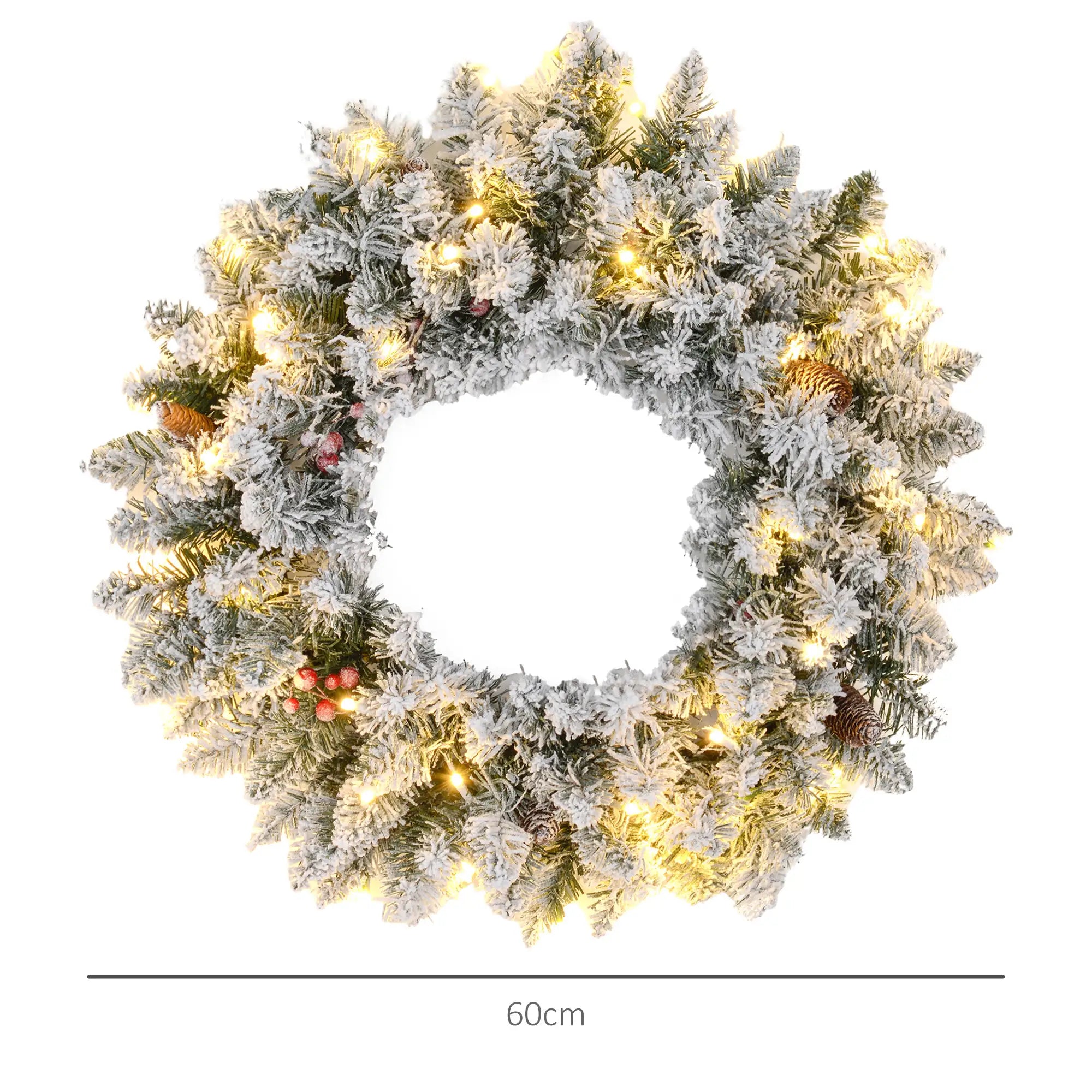 60cm Snowy Pine Cone & Berry Christmas Wreath with 50 LED Lights – Frosted Winter Door Wreath