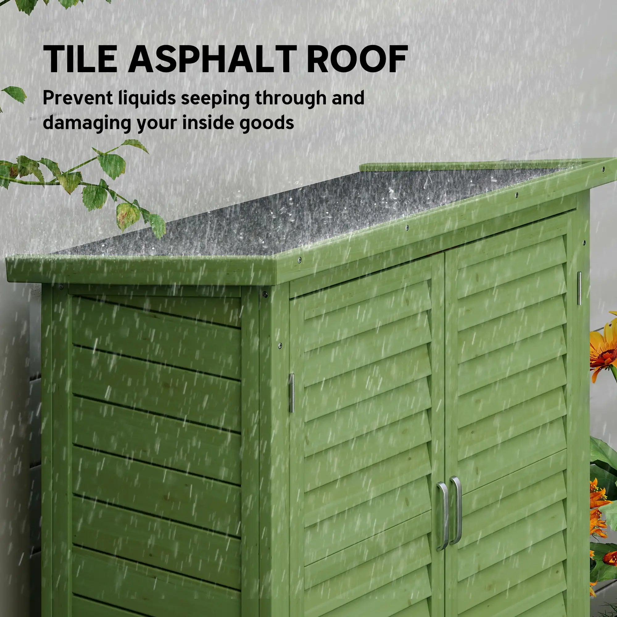 Wooden Garden Storage Shed with 2 Doors & Shelves – Solid Fir Wood Outdoor Tool Cabinet, Weather Resistant, Green, 87 x 46.5 x 96.5 cm