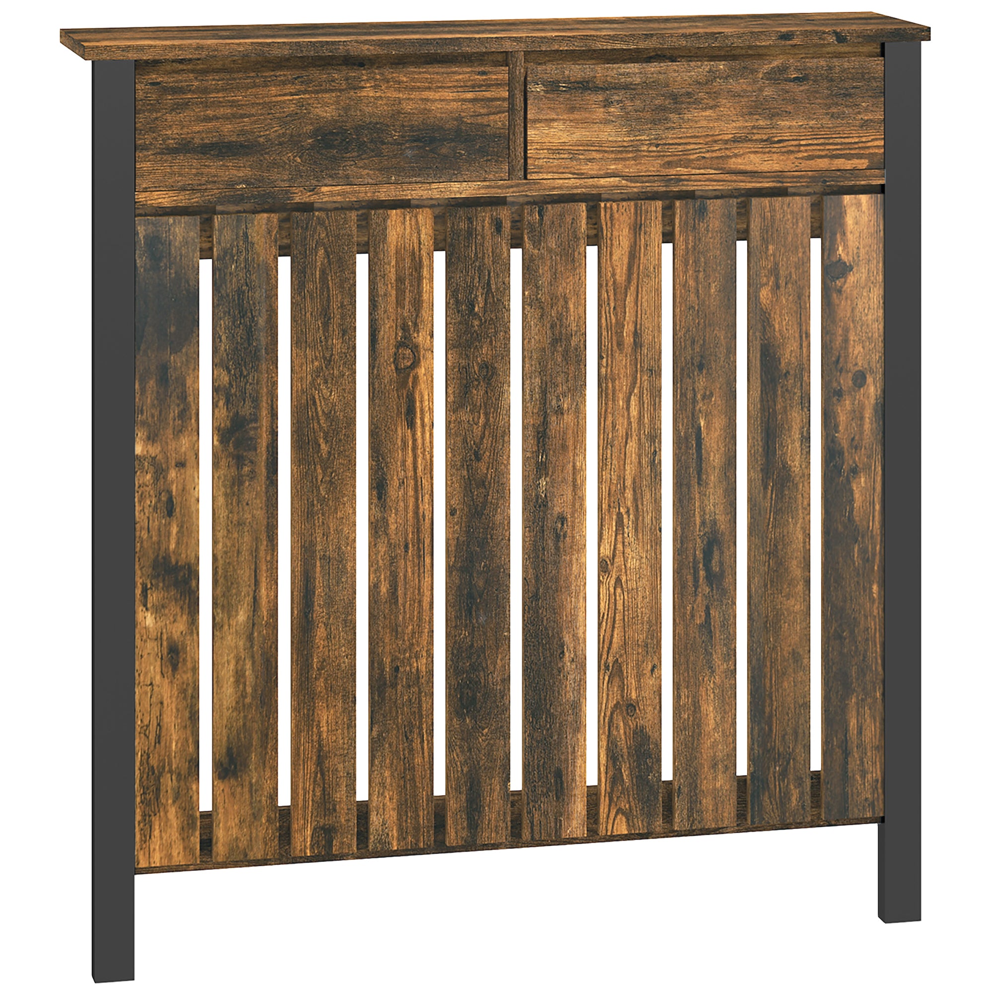 Rustic Radiator Cover with Drawer – Industrial MDF Heater Cover Cabinet, Brown & Black, 88.5 x 19 x 93 cm