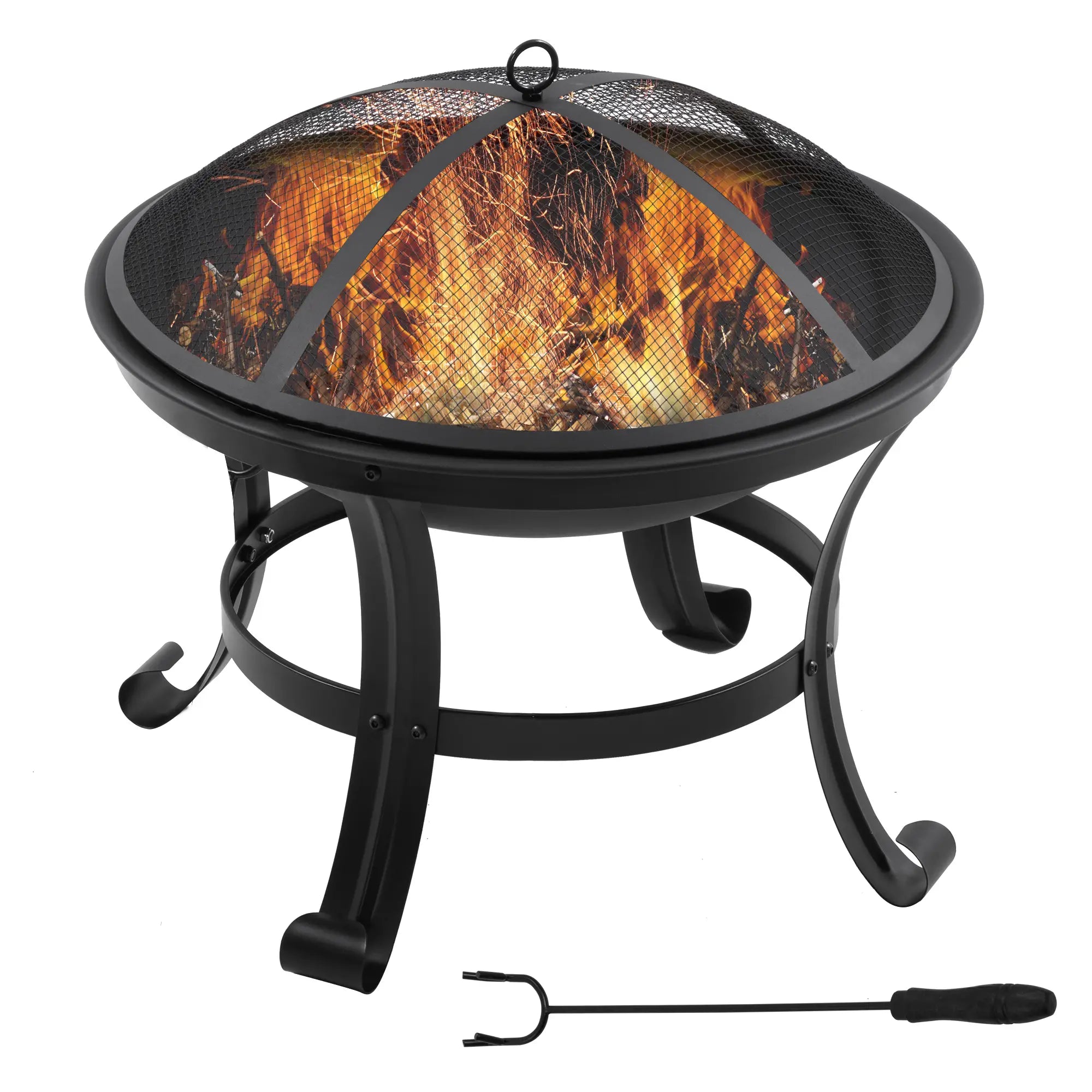 Outdoor Fire Pit 55cm, Steel Firepit with Mesh Spark Guard Lid & Poker, Round Garden Fire Bowl for Camping, Bonfire & Patio – Black