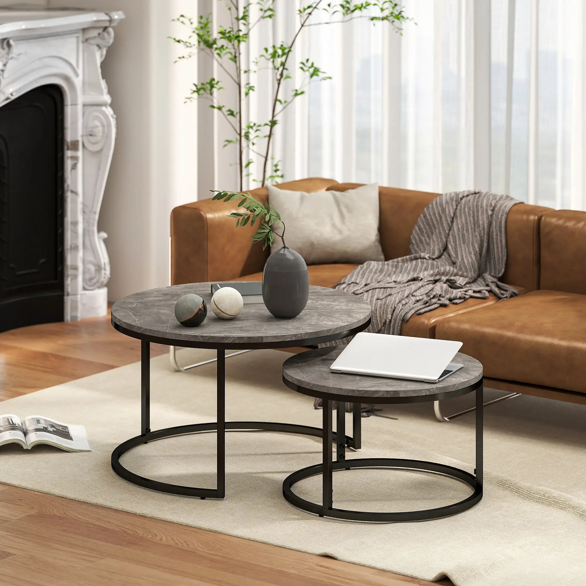 Industrial Nesting Coffee Tables Set of 2 – Round Faux Marble Top & Black Steel Frame, Space-Saving Living Room Tables