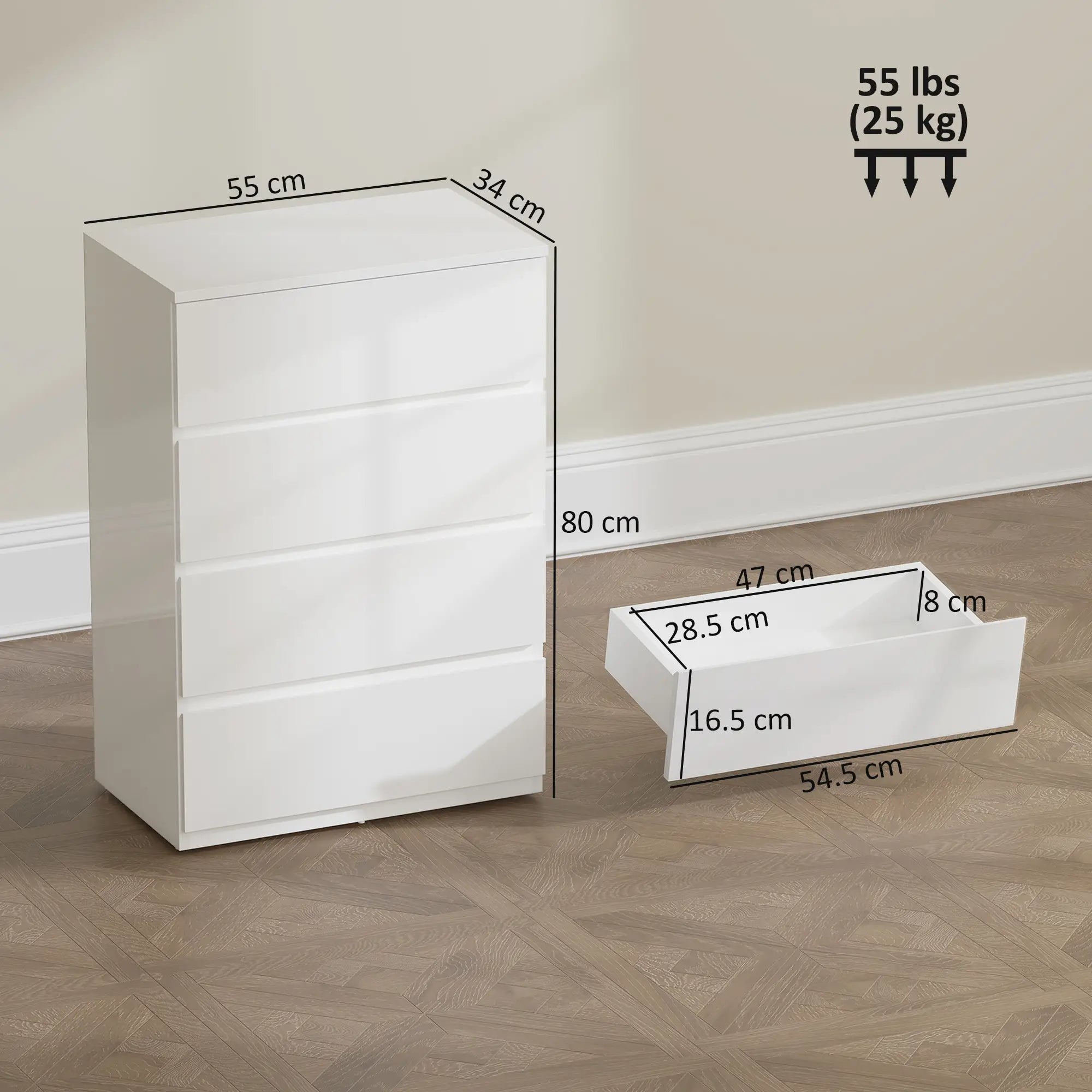 High Gloss Chest of Drawers – 4 Drawer Modern Storage Dresser for Bedroom & Living Room, White, 80 cm