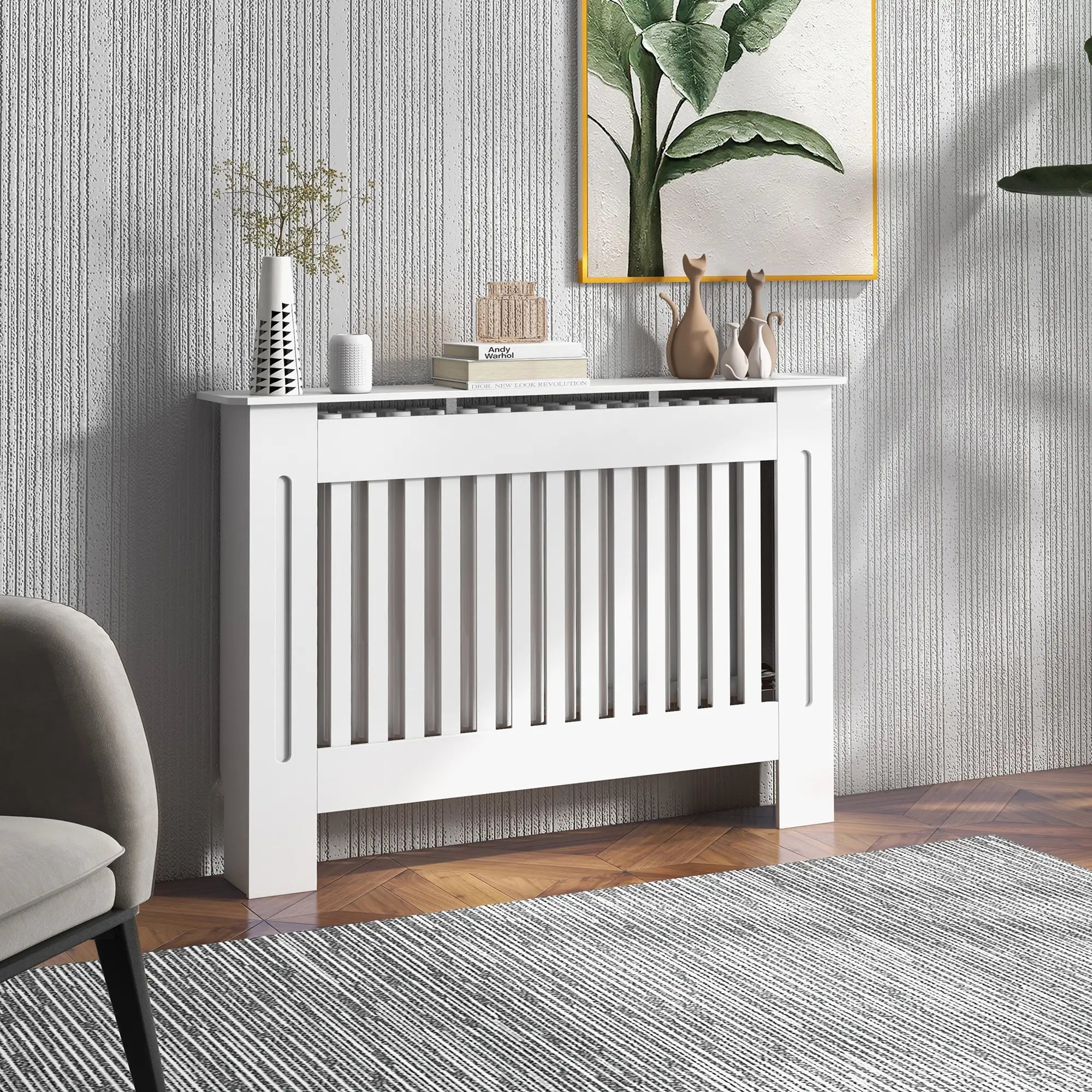 Slatted Radiator Cover Cabinet with Top Shelf – MDF Painted Heater Cover with Vented Grill, White, 112 x 19 x 81 cm