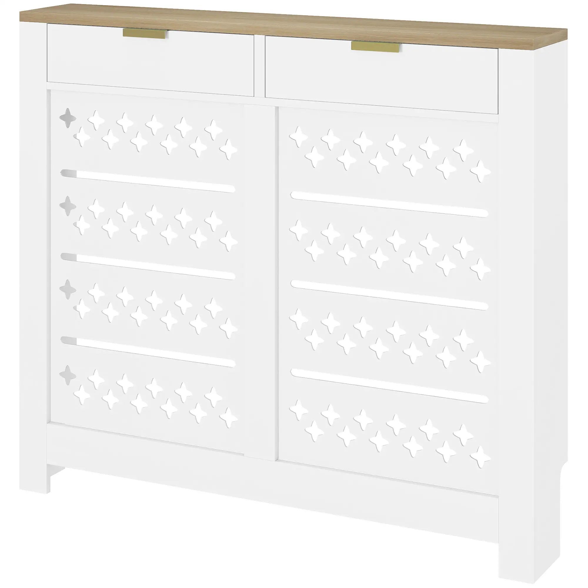 Modern Radiator Cover with 2 Flip-Down Drawers – White MDF Heater Cover Cabinet, 108 x 19 x 95.5 cm