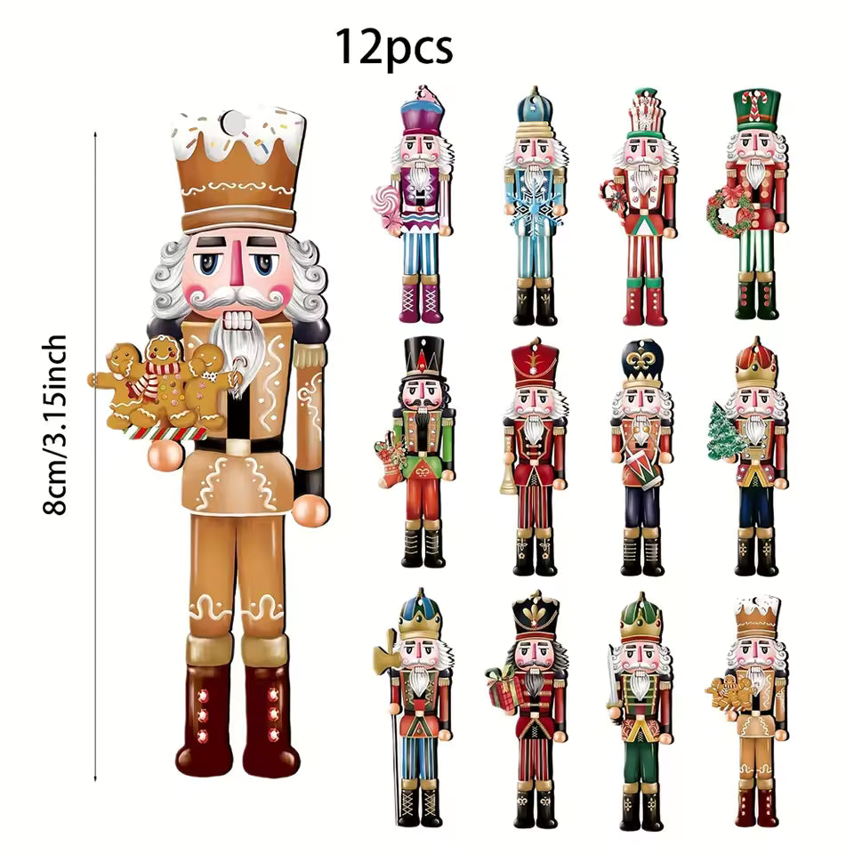 Set of 12 Wooden Nutcracker Soldier Christmas Baubles
