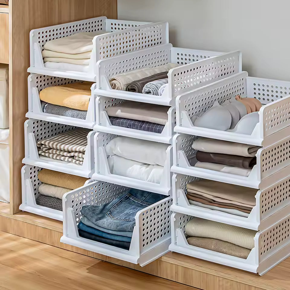 Foldable Stackable Drawer Storage Basket – Plastic Wardrobe Organiser (3 Sizes) | 3 for 2 Mix & Match