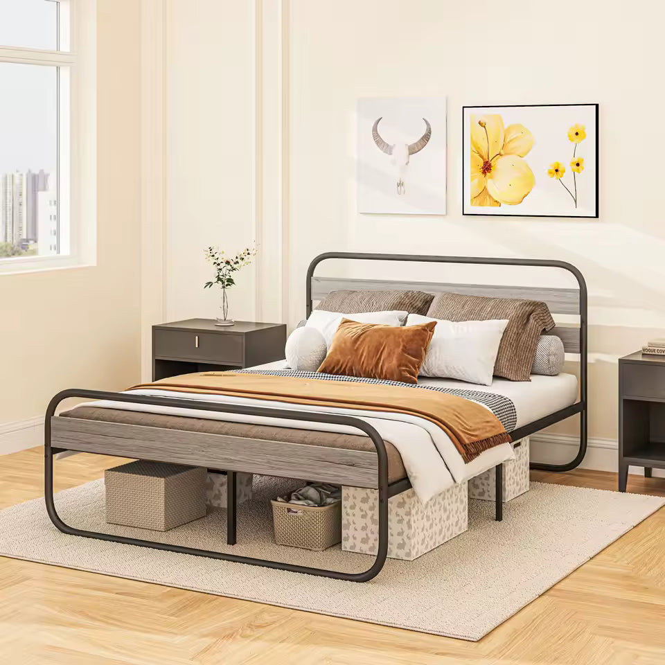 4ft6 Metal Platform Double Bed Frame with Wood Headboard – Industrial Style Bed with Underbed Storage
