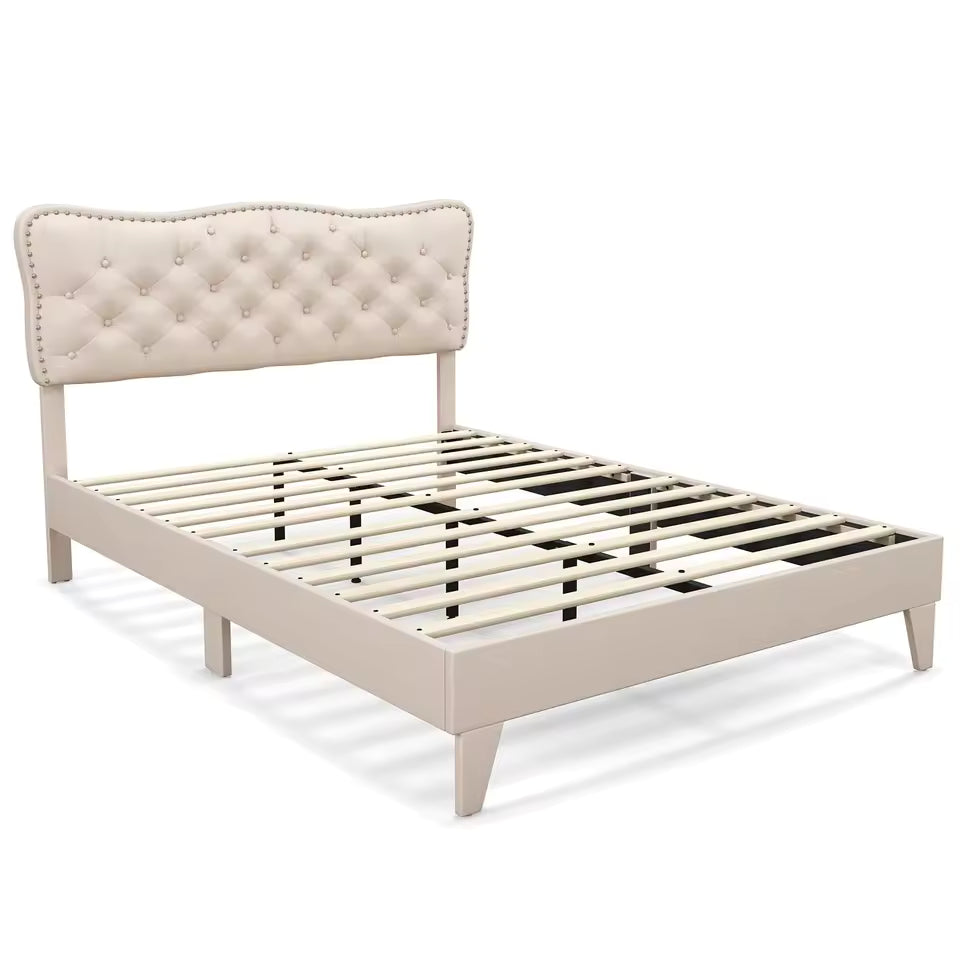 Double Upholstered Bed Frame with Wooden Slats – Button Tufted Headboard & Underbed Space