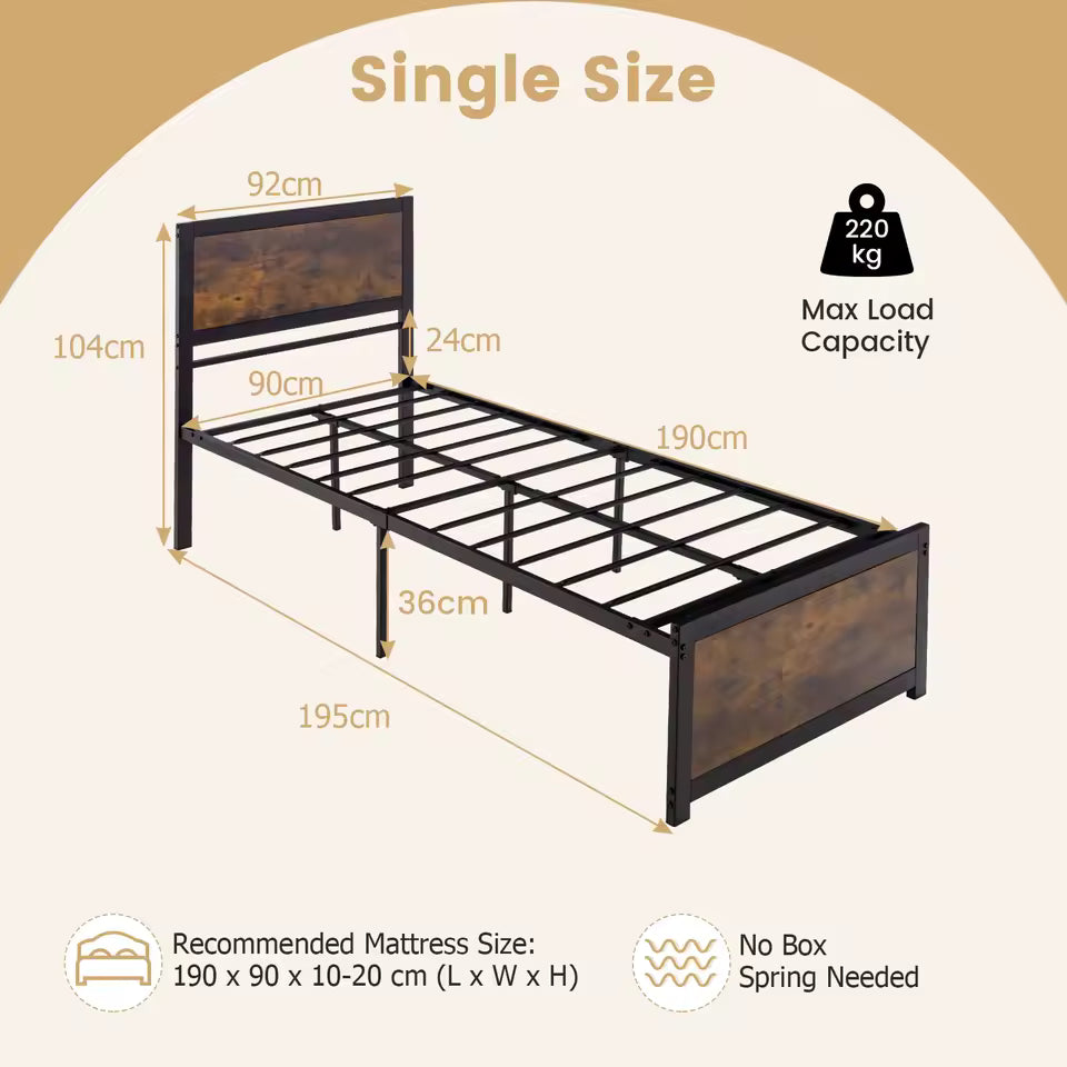 Single Metal Bed Frame with High Headboard – Platform Bed with Metal Slats, Mute Bars & 36cm Underbed Storage