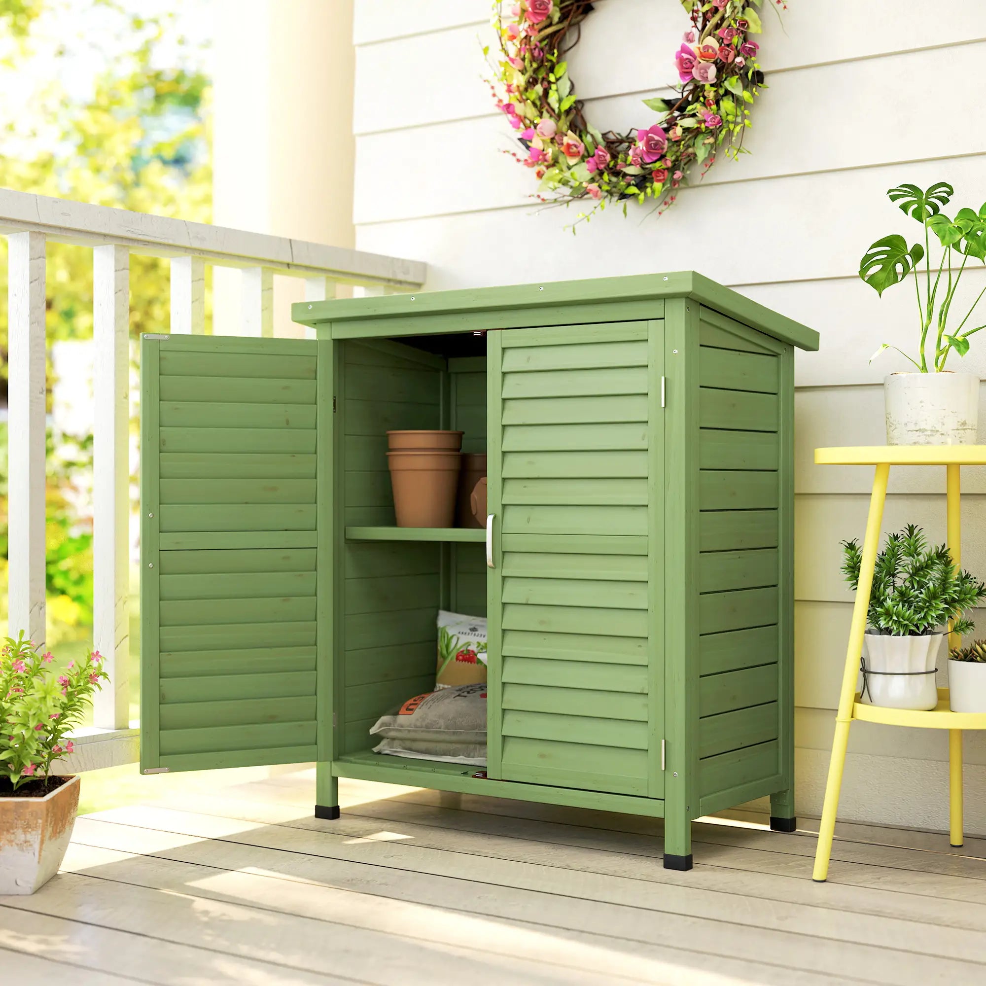 Wooden Garden Storage Shed with 2 Doors & Shelves – Solid Fir Wood Outdoor Tool Cabinet, Weather Resistant, Green, 87 x 46.5 x 96.5 cm