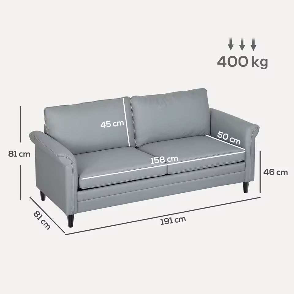 Modern 3 Seater Sofa – Grey Fabric Couch for Living Room, Deep Seat Linen Settee with Wooden Legs
