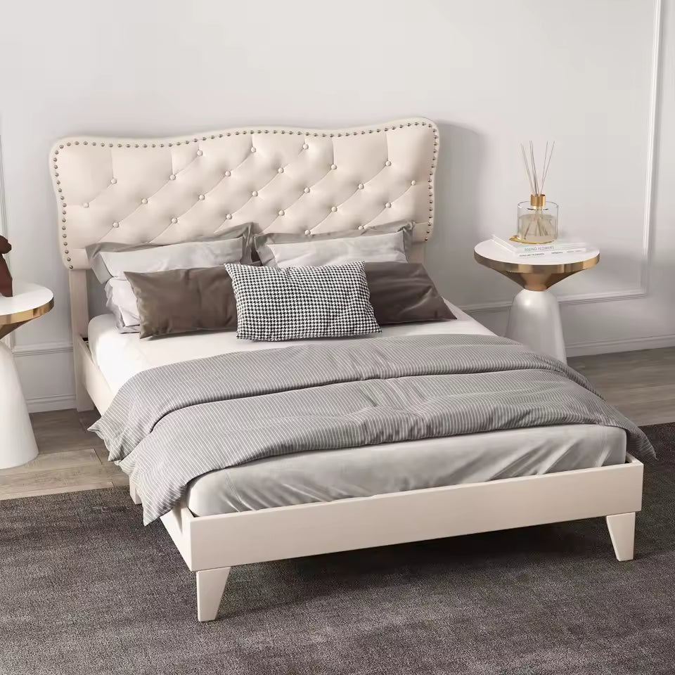 Double Upholstered Bed Frame with Wooden Slats – Button Tufted Headboard & Underbed Space