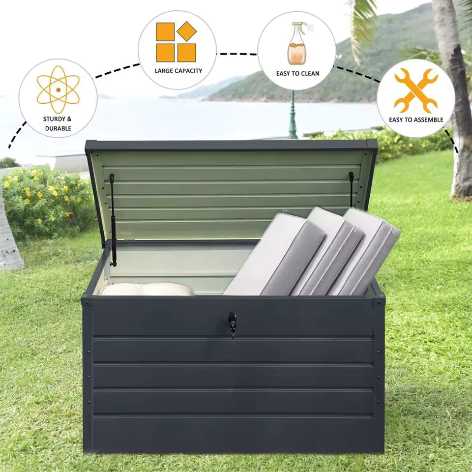 Large Galvanised Steel Garden Storage Box – Weatherproof Outdoor Tool Cabinet with Lock