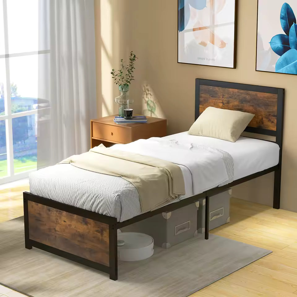 Single Metal Bed Frame with High Headboard – Platform Bed with Metal Slats, Mute Bars & 36cm Underbed Storage