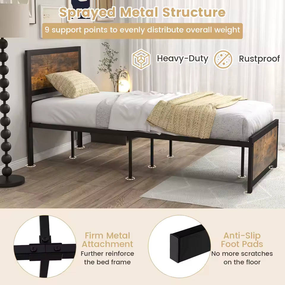 Single Metal Bed Frame with High Headboard – Platform Bed with Metal Slats, Mute Bars & 36cm Underbed Storage