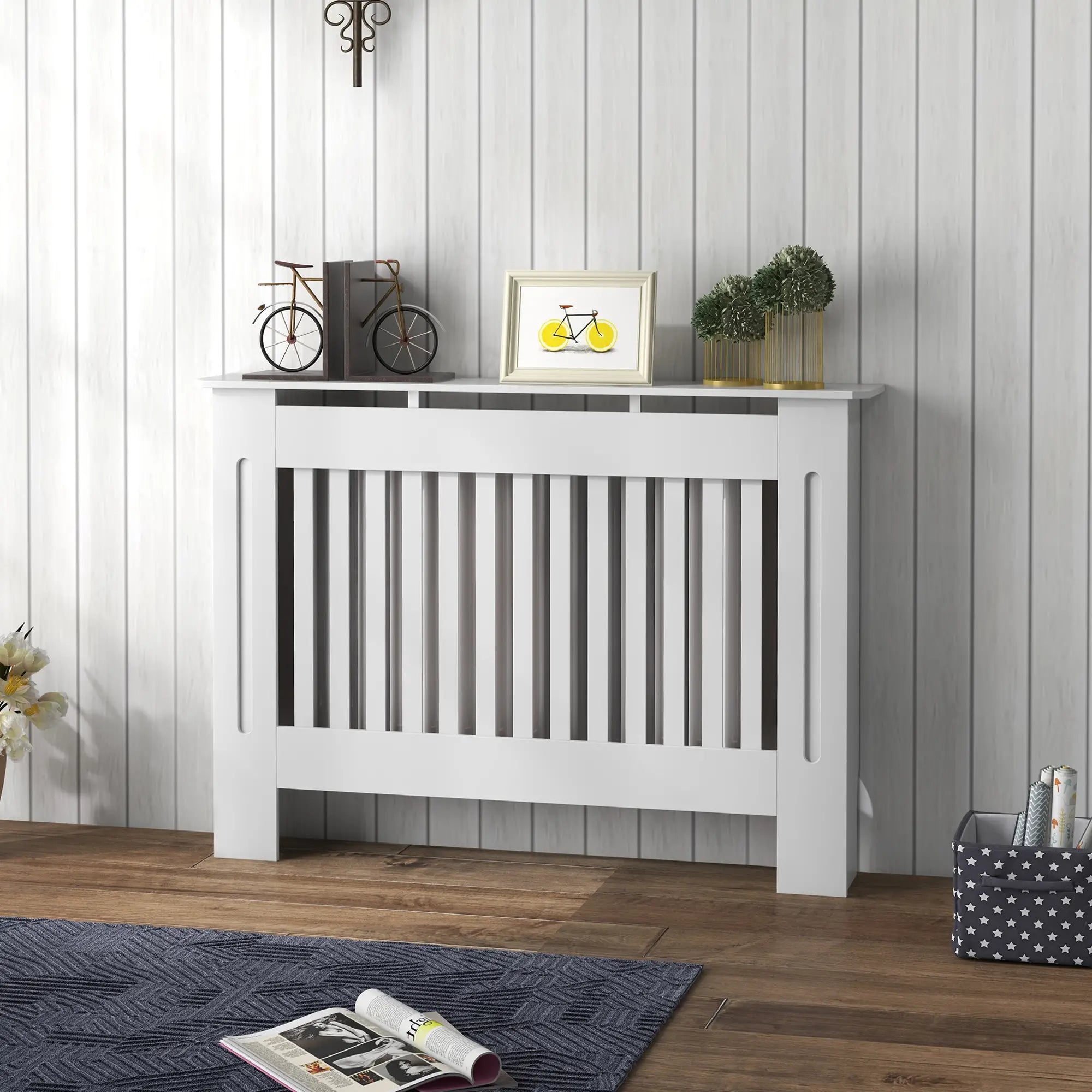 Slatted Radiator Cover Cabinet with Top Shelf – MDF Painted Heater Cover with Vented Grill, White, 112 x 19 x 81 cm