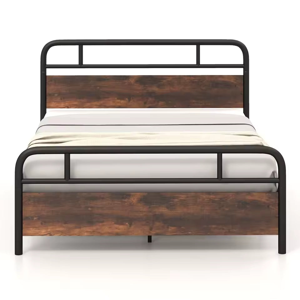 King Size Metal Bed Frame with Rustic Wood Headboard – Platform Bed with Metal Slats & 30cm Underbed Storage