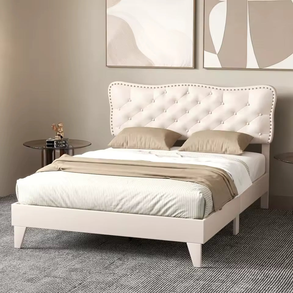 Double Upholstered Bed Frame with Wooden Slats – Button Tufted Headboard & Underbed Space