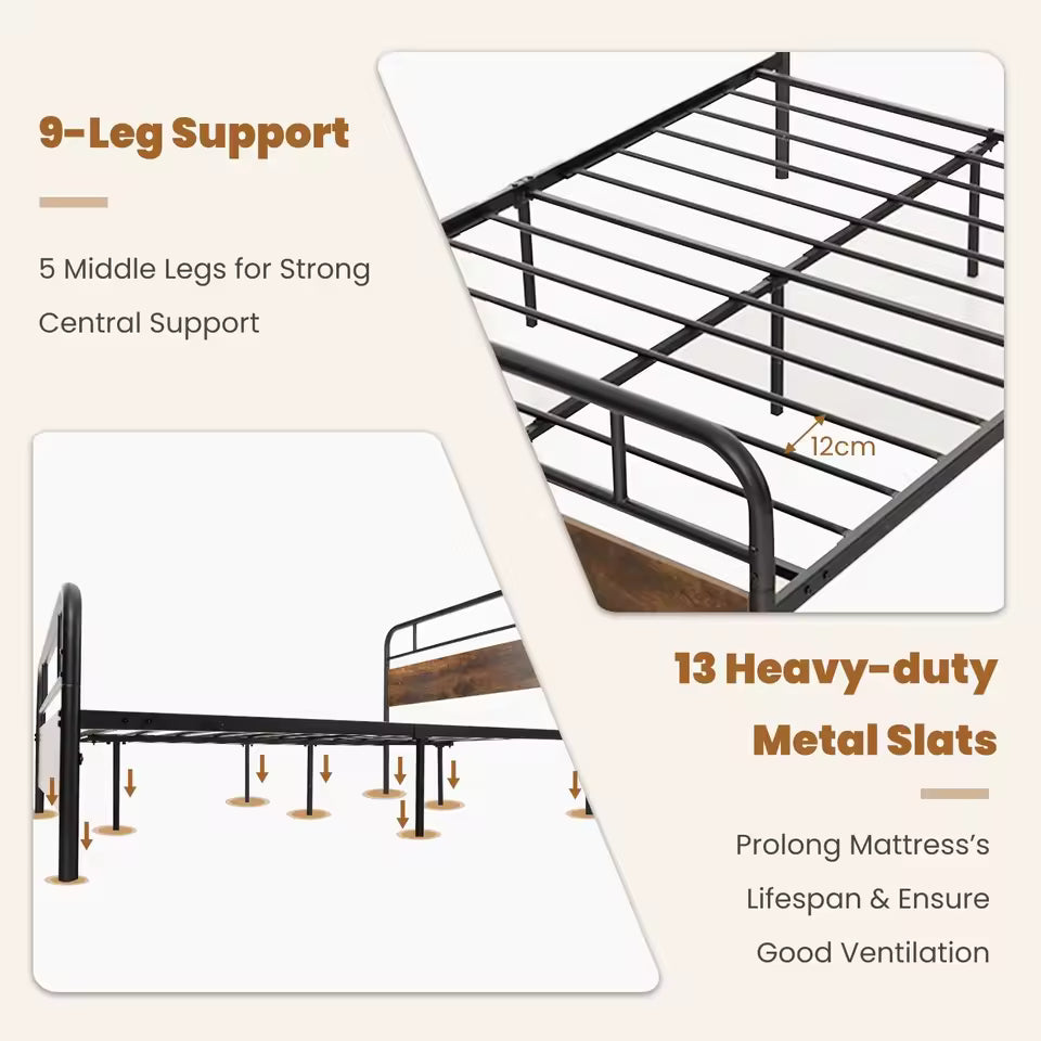 King Size Metal Bed Frame with Rustic Wood Headboard – Platform Bed with Metal Slats & 30cm Underbed Storage