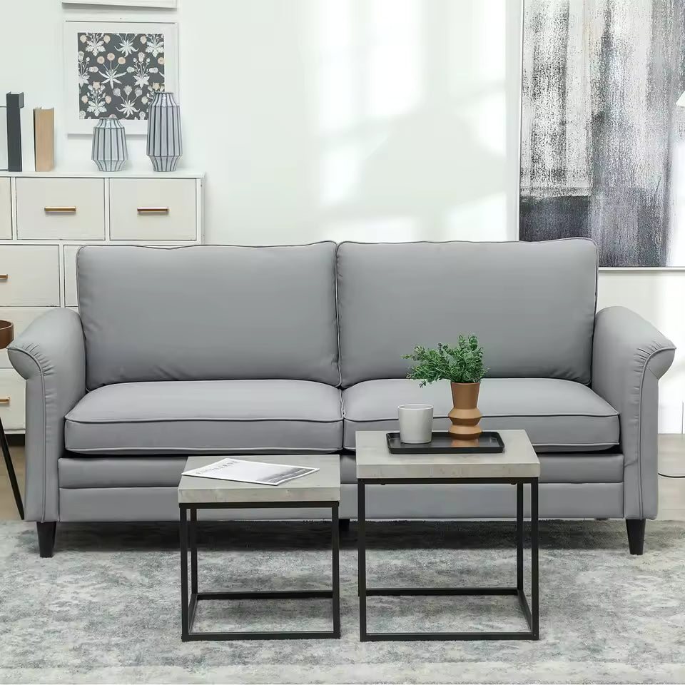 Modern 3 Seater Sofa – Grey Fabric Couch for Living Room, Deep Seat Linen Settee with Wooden Legs