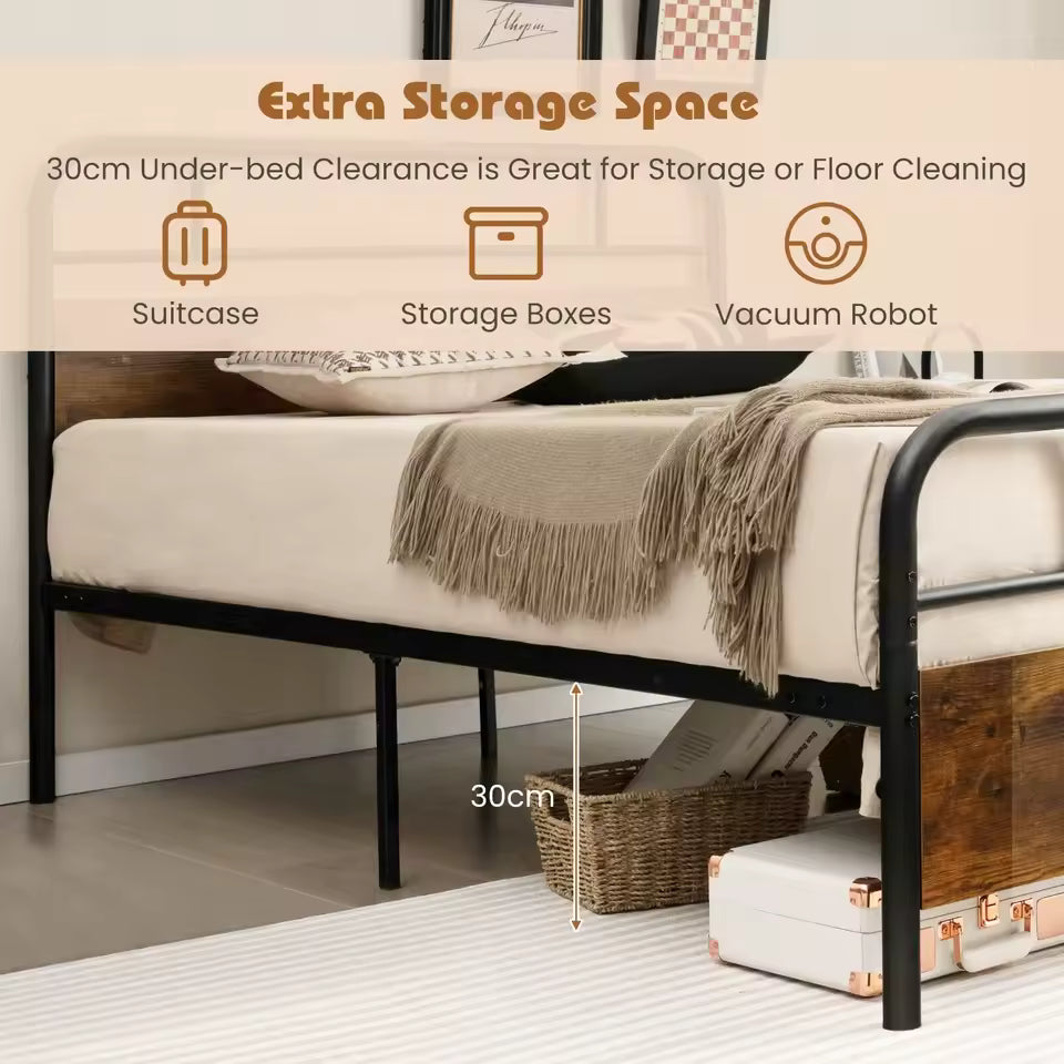 King Size Metal Bed Frame with Rustic Wood Headboard – Platform Bed with Metal Slats & 30cm Underbed Storage