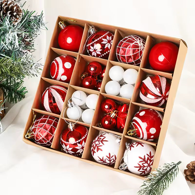 36pcs Red & White Christmas Tree Baubles – Assorted Plastic Ornaments, 3–6cm Christmas Decorations
