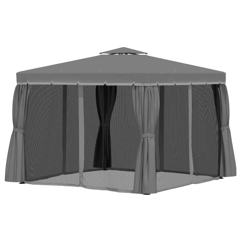 3 x 3m Patio Gazebo with Curtains & Mosquito Netting, Double Tier Water-Repellent Roof, Aluminium Frame Garden Pavilion Tent – Dark Grey