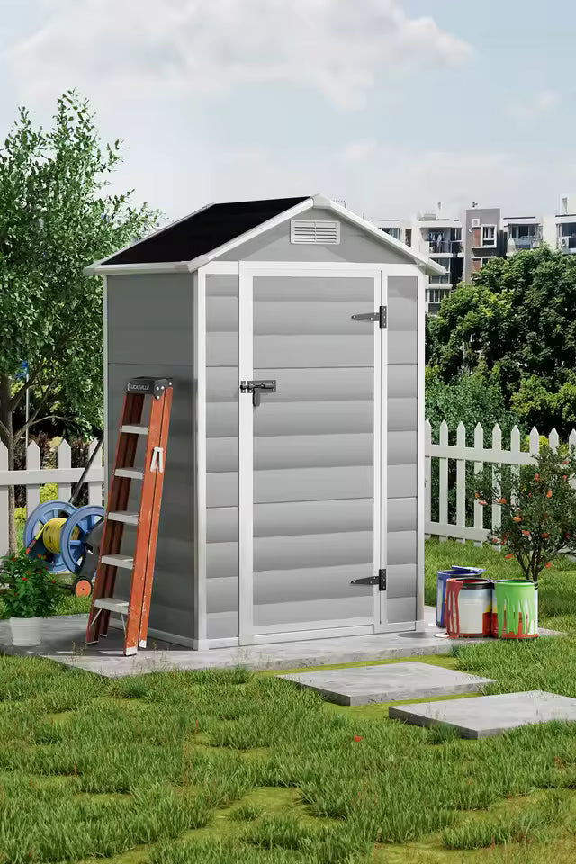 Outdoor Plastic Resin Storage Shed with Floor – Lockable Garden Tool Shed for Patio & Backyard