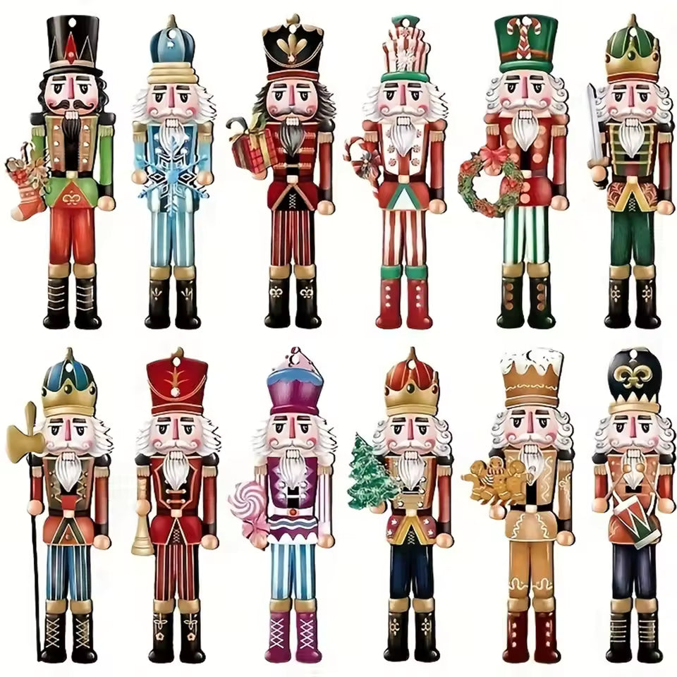Set of 12 Wooden Nutcracker Soldier Christmas Baubles