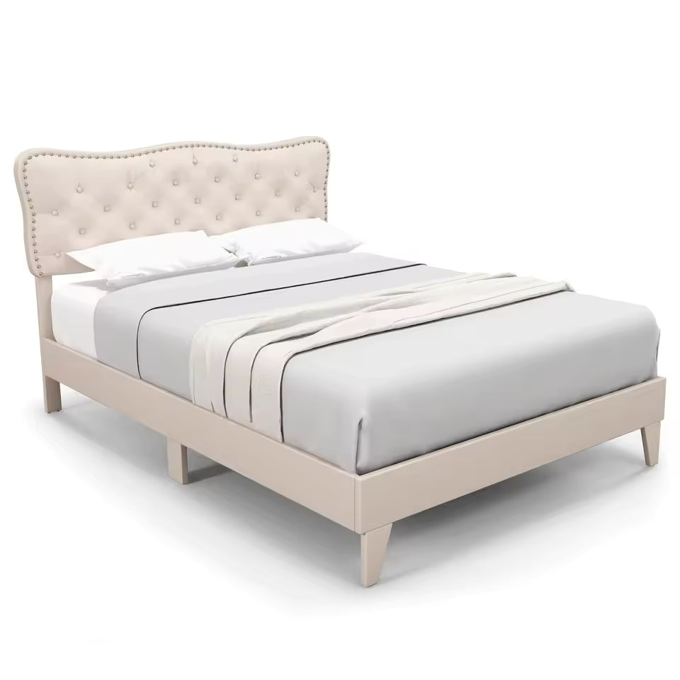 Double Upholstered Bed Frame with Wooden Slats – Button Tufted Headboard & Underbed Space