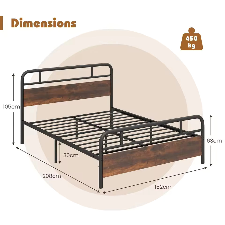 King Size Metal Bed Frame with Rustic Wood Headboard – Platform Bed with Metal Slats & 30cm Underbed Storage
