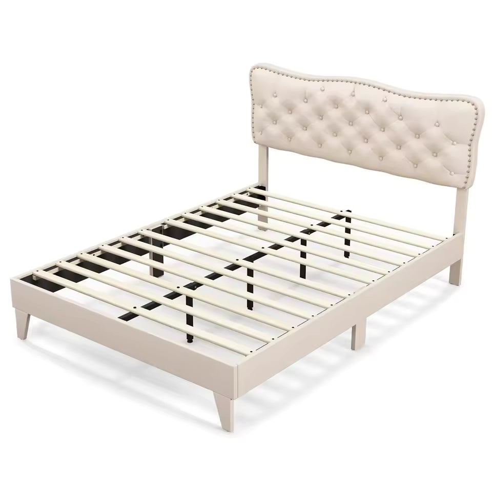 Double Upholstered Bed Frame with Wooden Slats – Button Tufted Headboard & Underbed Space