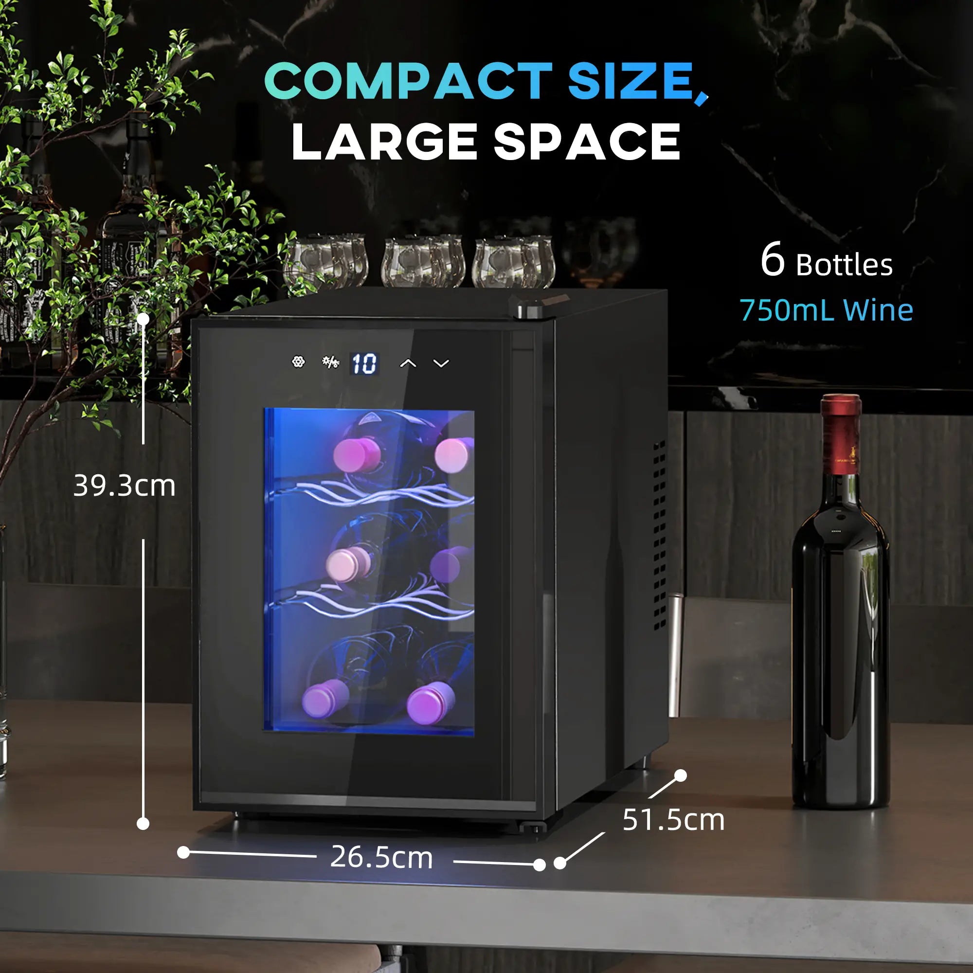 6-Bottle Countertop Wine Fridge – 8–18°C Touch Control Wine Cooler with UV Glass Door & Low Noise Operation, Black