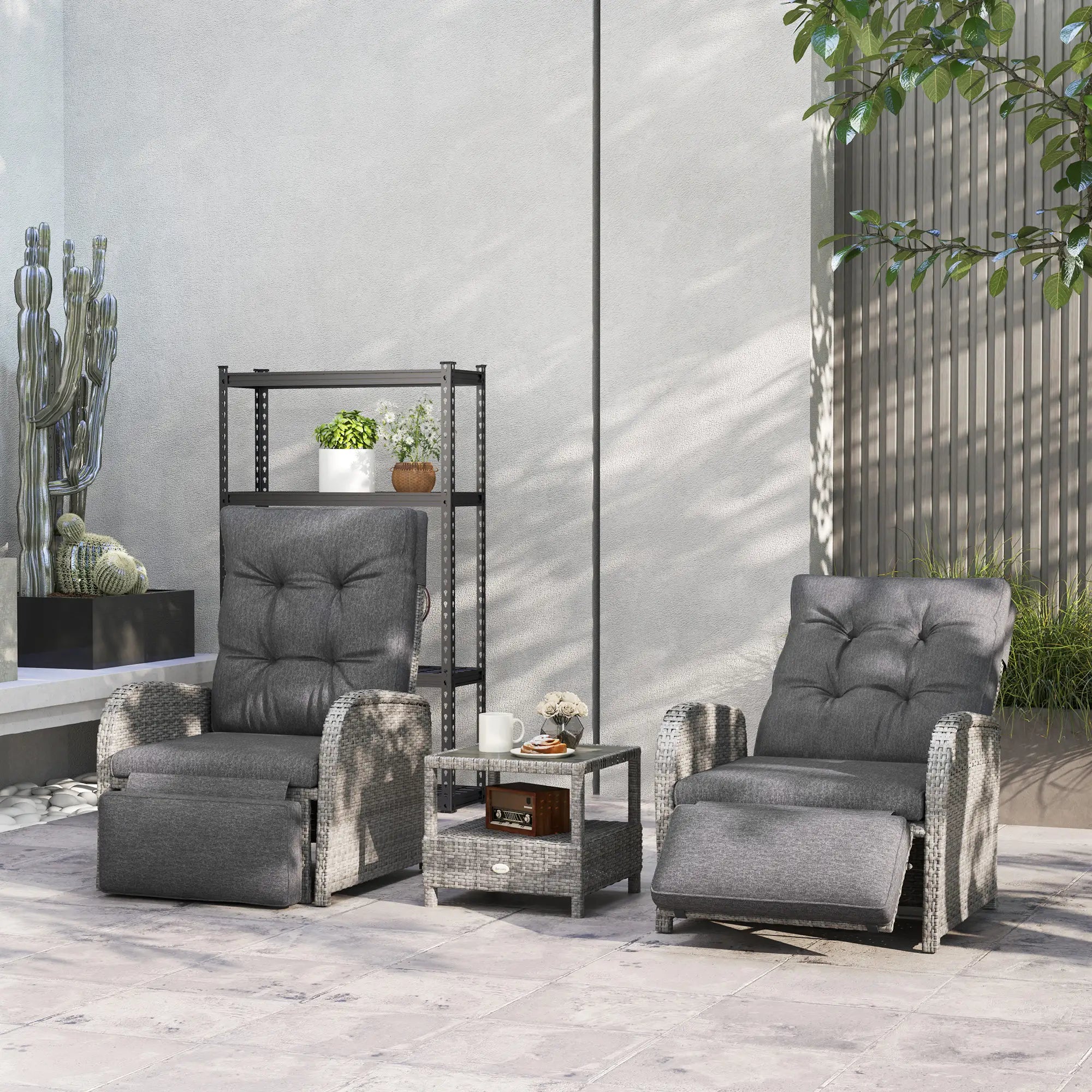 2 Seater Rattan Recliner Sofa Set with Cushions & Table, No Assembly Outdoor Wicker Lounge Chairs with Footrests, Adjustable Backrest – Grey