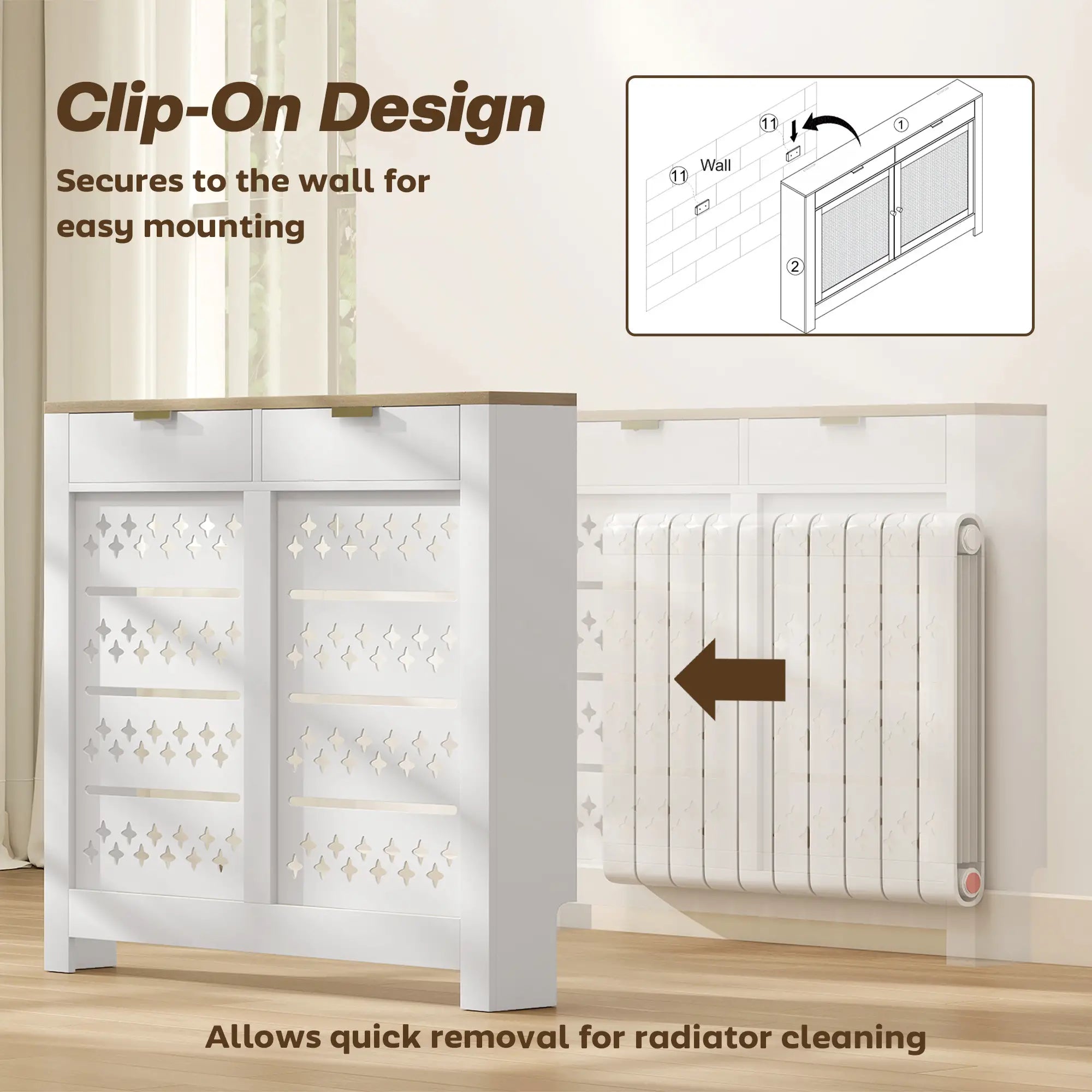Modern Radiator Cover with 2 Flip-Down Drawers – White MDF Heater Cover Cabinet, 108 x 19 x 95.5 cm