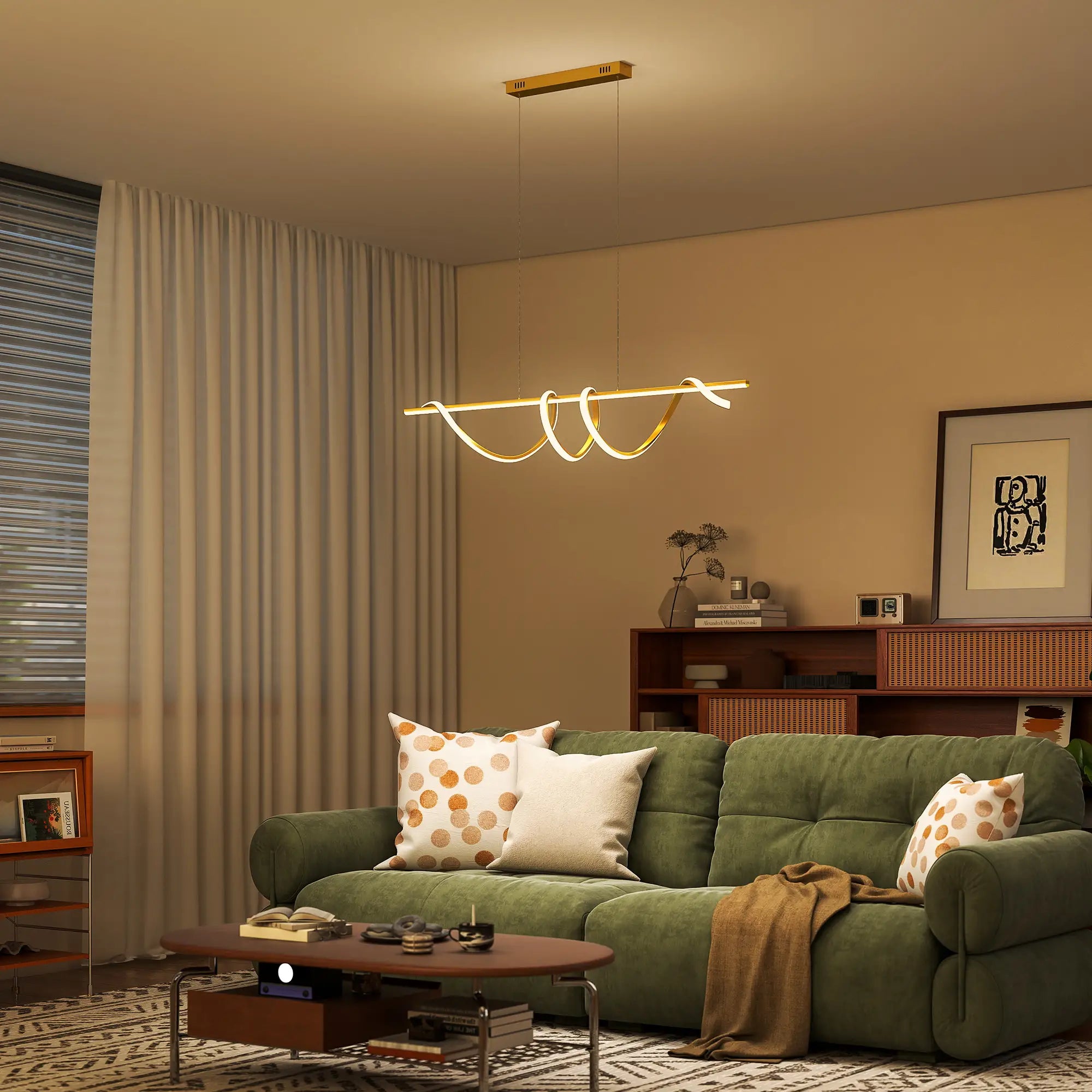 Modern LED Pendant Light with 3 Colour Temperatures – Gold Tone, Adjustable Height, 45W, 3500 Lumens, 120 cm