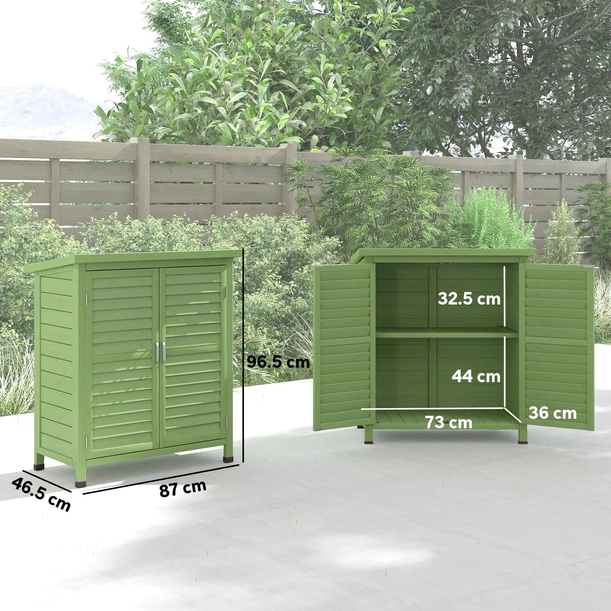 Wooden Garden Storage Shed with 2 Doors & Shelves – Solid Fir Wood Outdoor Tool Cabinet, Weather Resistant, Green, 87 x 46.5 x 96.5 cm