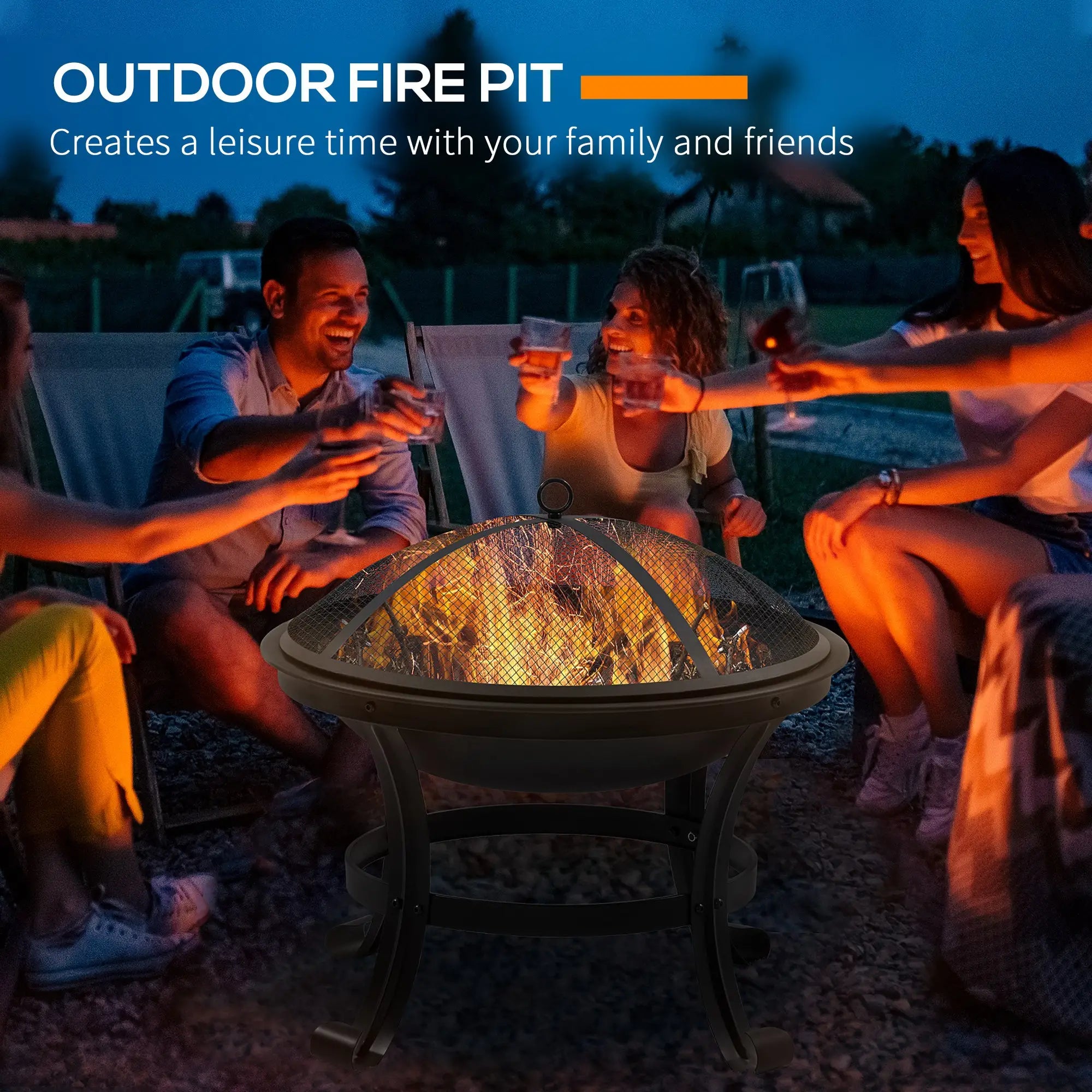 Outdoor Fire Pit 55cm, Steel Firepit with Mesh Spark Guard Lid & Poker, Round Garden Fire Bowl for Camping, Bonfire & Patio – Black