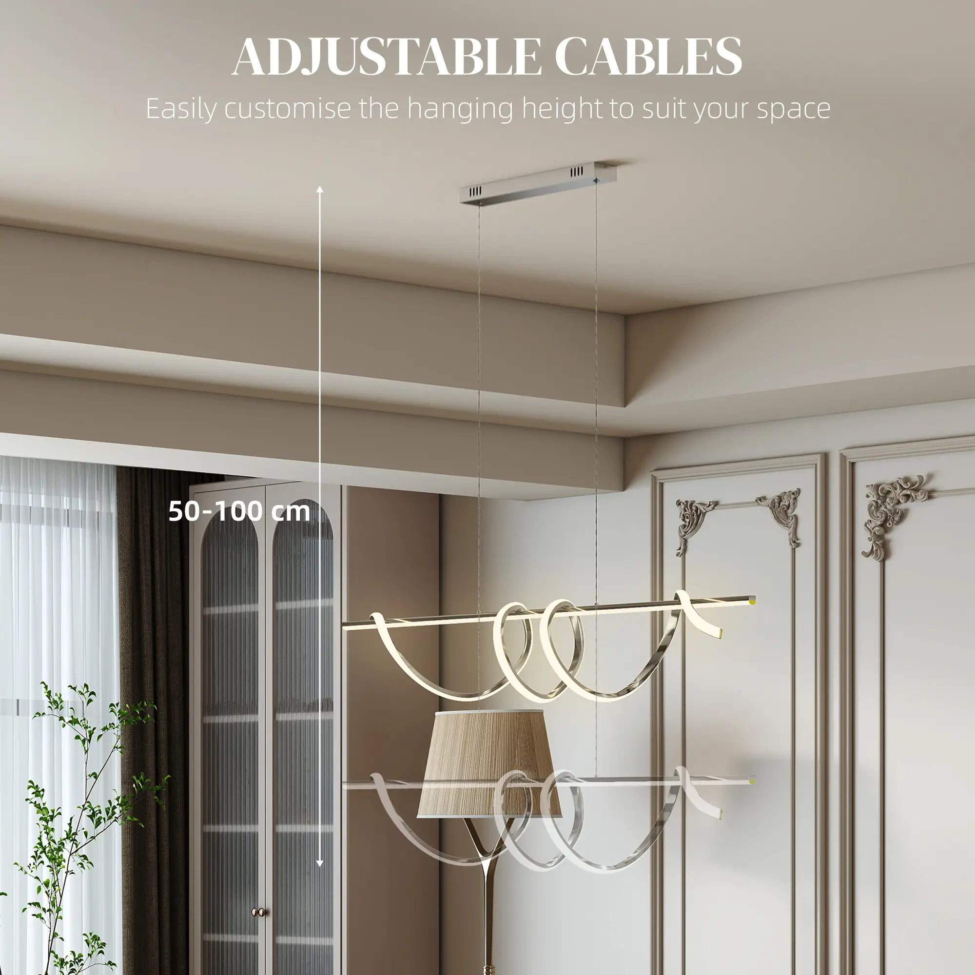 Modern LED Pendant Light with 3 Colour Temperatures – Silver, Adjustable Height, 45W, 3500 Lumens, 120 cm