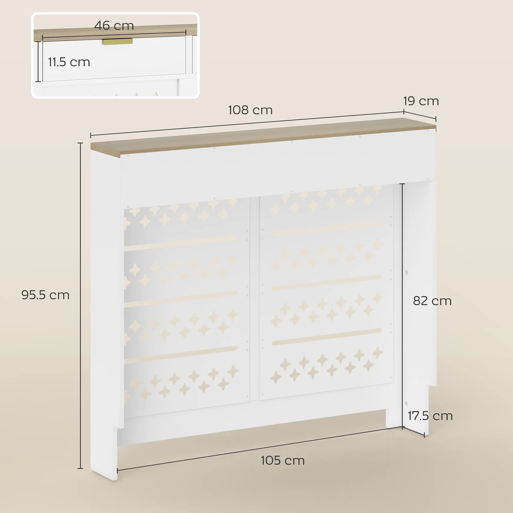 Modern Radiator Cover with 2 Flip-Down Drawers – White MDF Heater Cover Cabinet, 108 x 19 x 95.5 cm