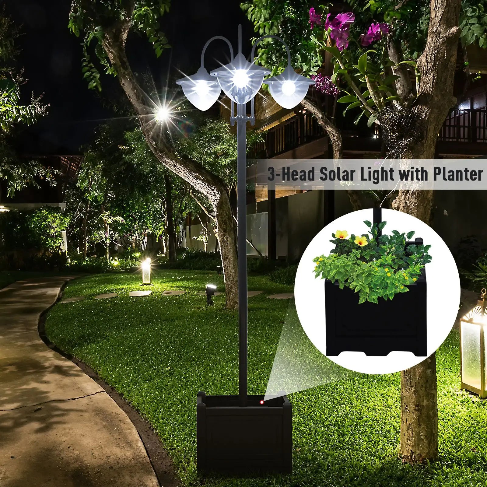 189cm 3-Head Solar Lamp Post with Planter Base, Automatic On/Off Outdoor LED Street Light, IP44 Waterproof Garden Lighting – Black