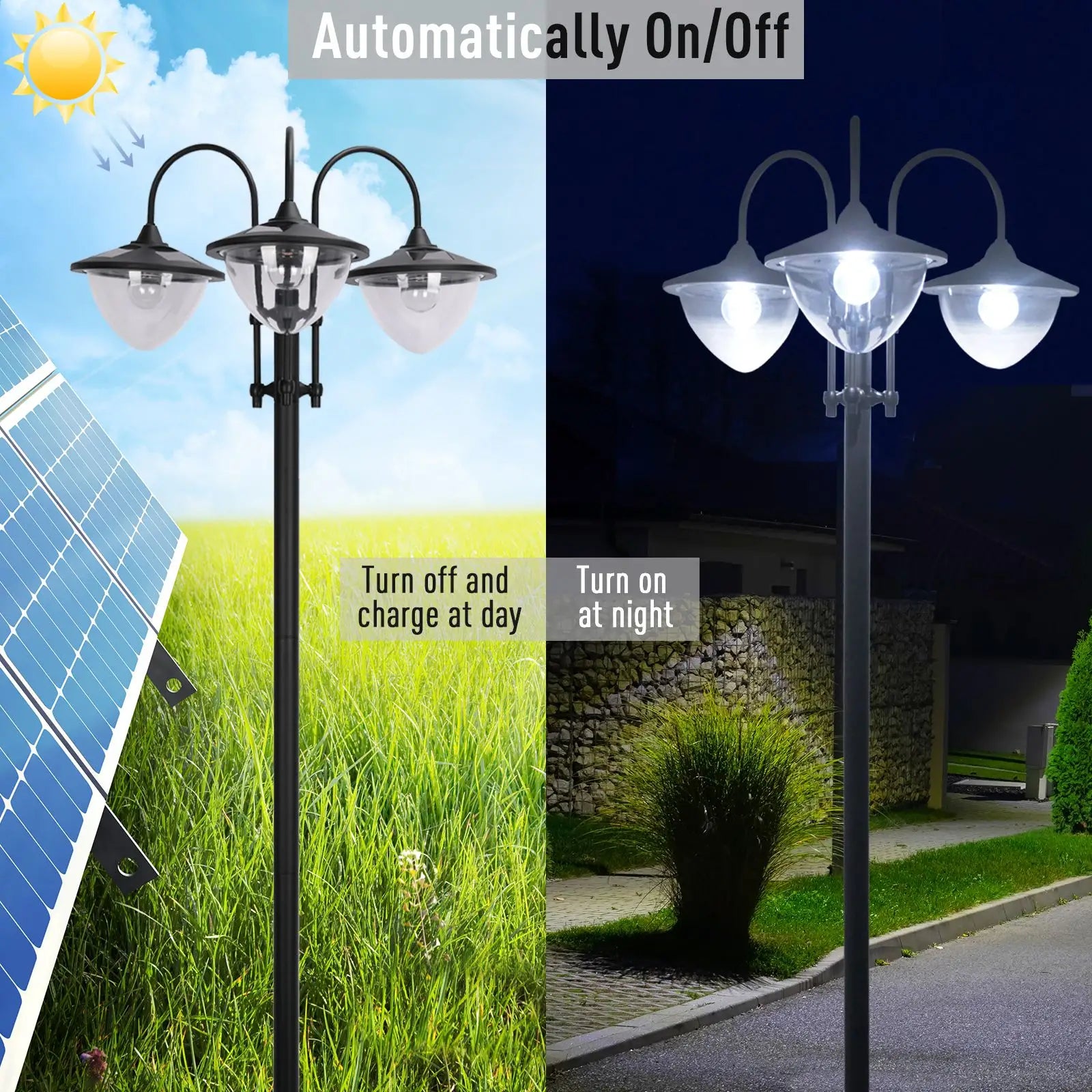 189cm 3-Head Solar Lamp Post with Planter Base, Automatic On/Off Outdoor LED Street Light, IP44 Waterproof Garden Lighting – Black