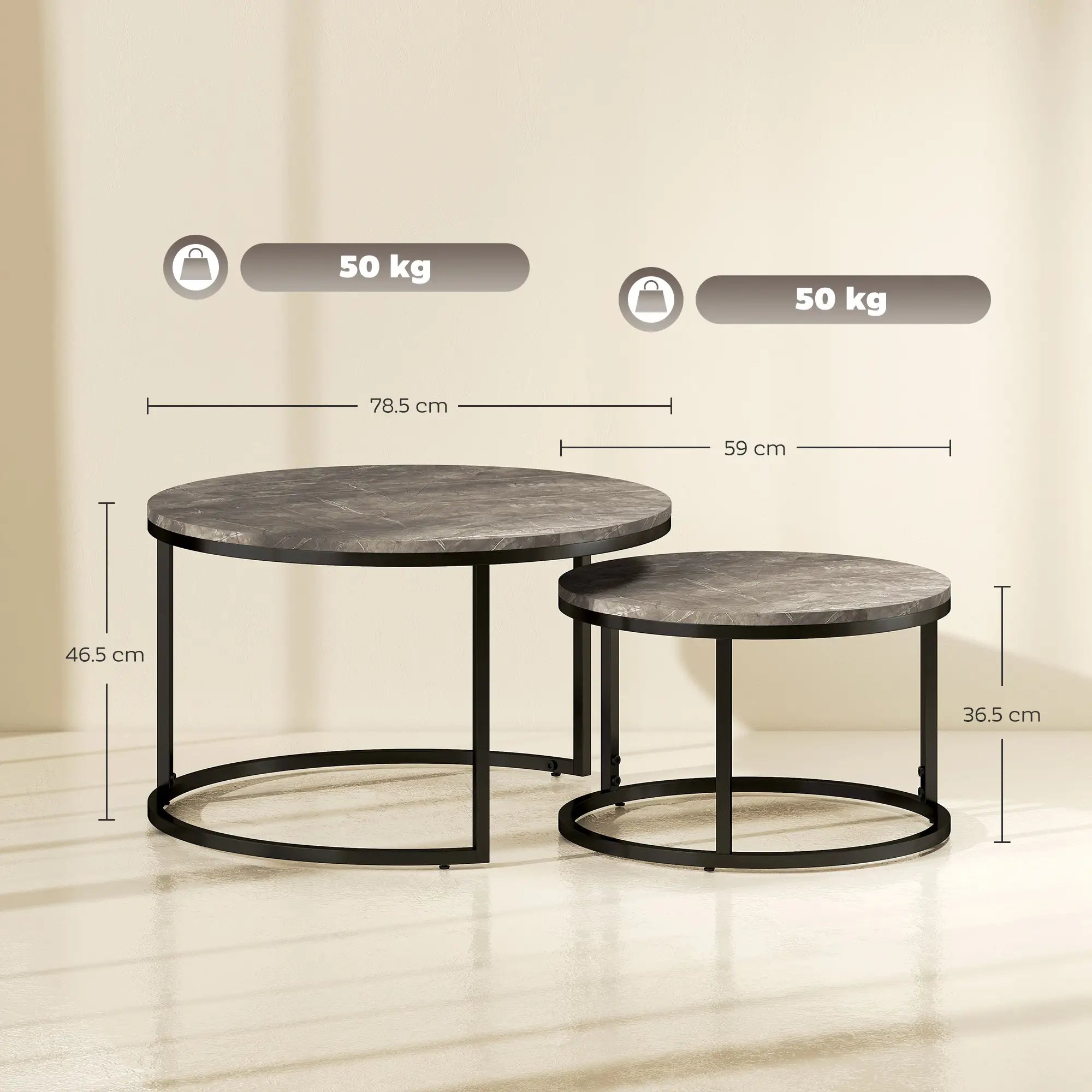 Industrial Nesting Coffee Tables Set of 2 – Round Faux Marble Top & Black Steel Frame, Space-Saving Living Room Tables